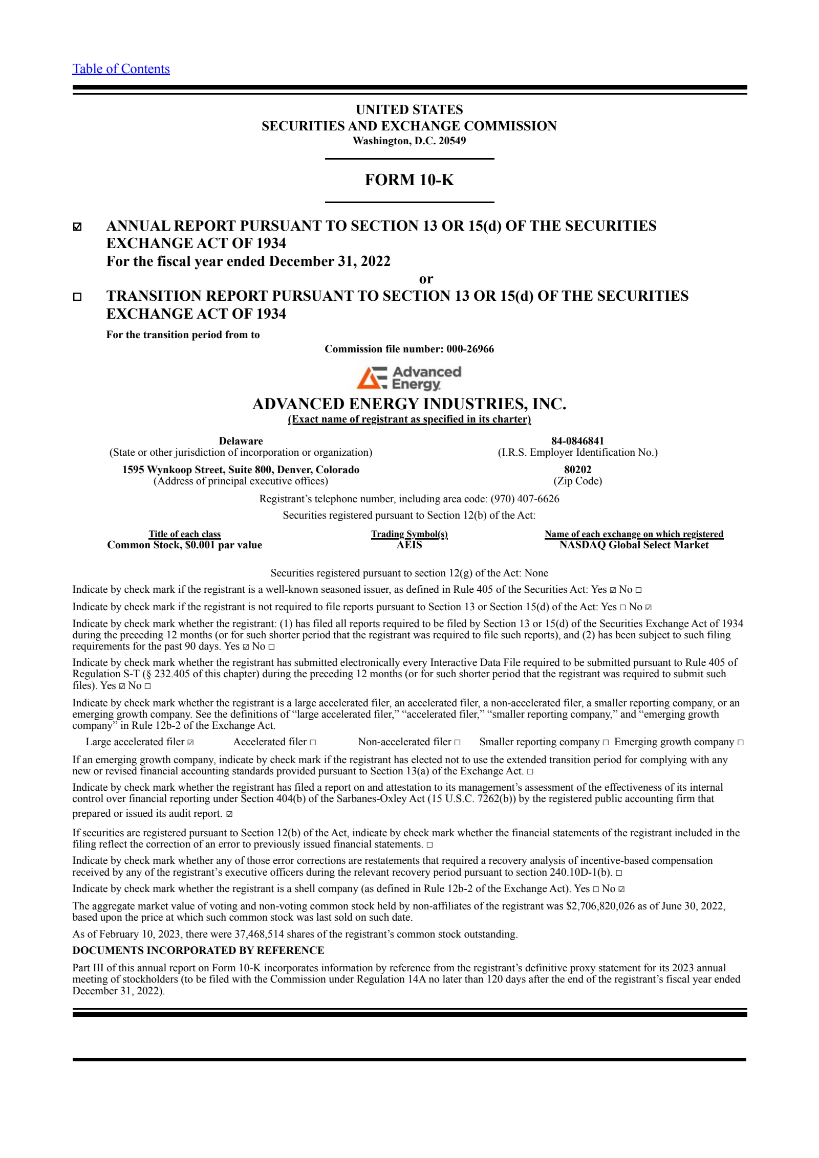 Advanced Energy Industries' Q4 2022 Annual report