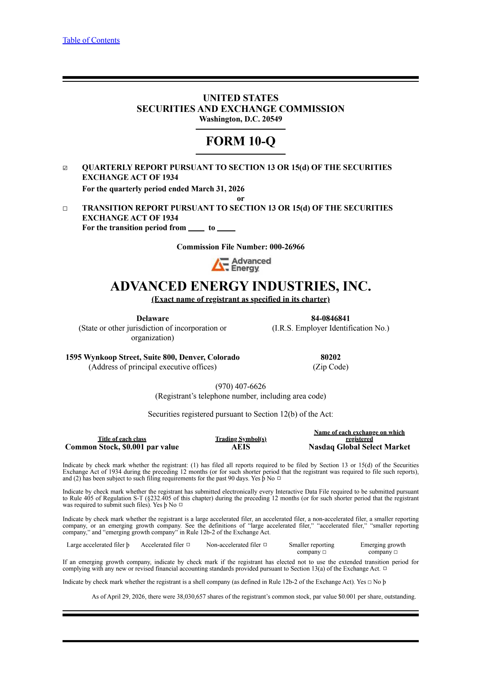 Advanced Energy Industries' Q1 2026 Quarterly report