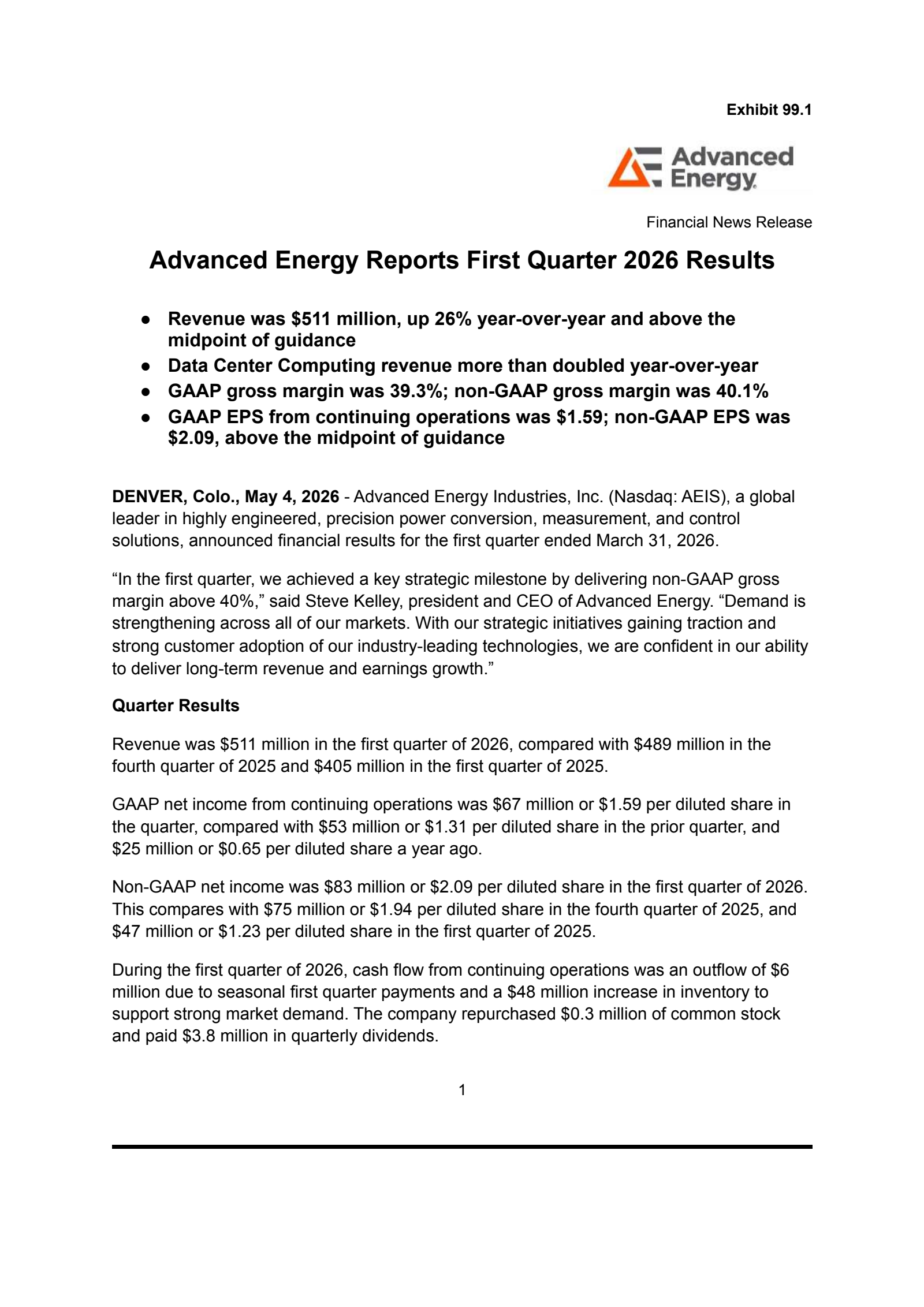 Advanced Energy Industries' Q1 2026 Press Release