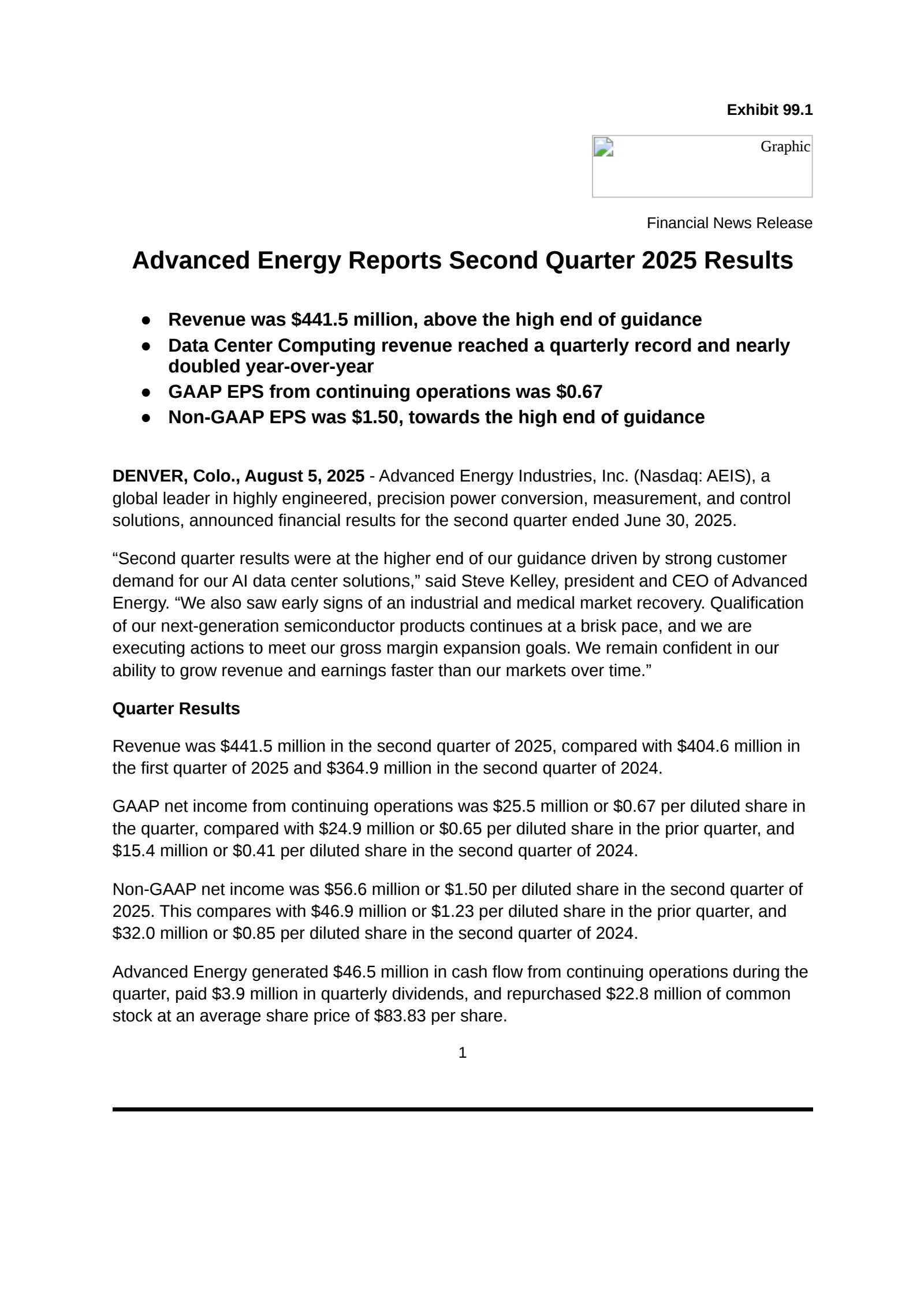 Advanced Energy Industries' Q2 2025 Press Release