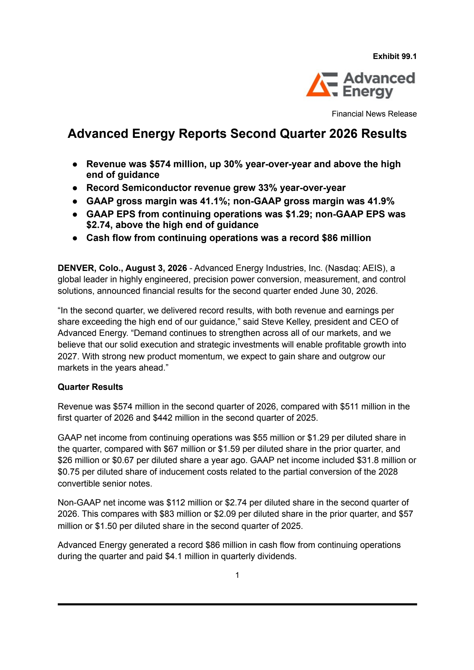 Advanced Energy Industries' Q2 2026 Press Release