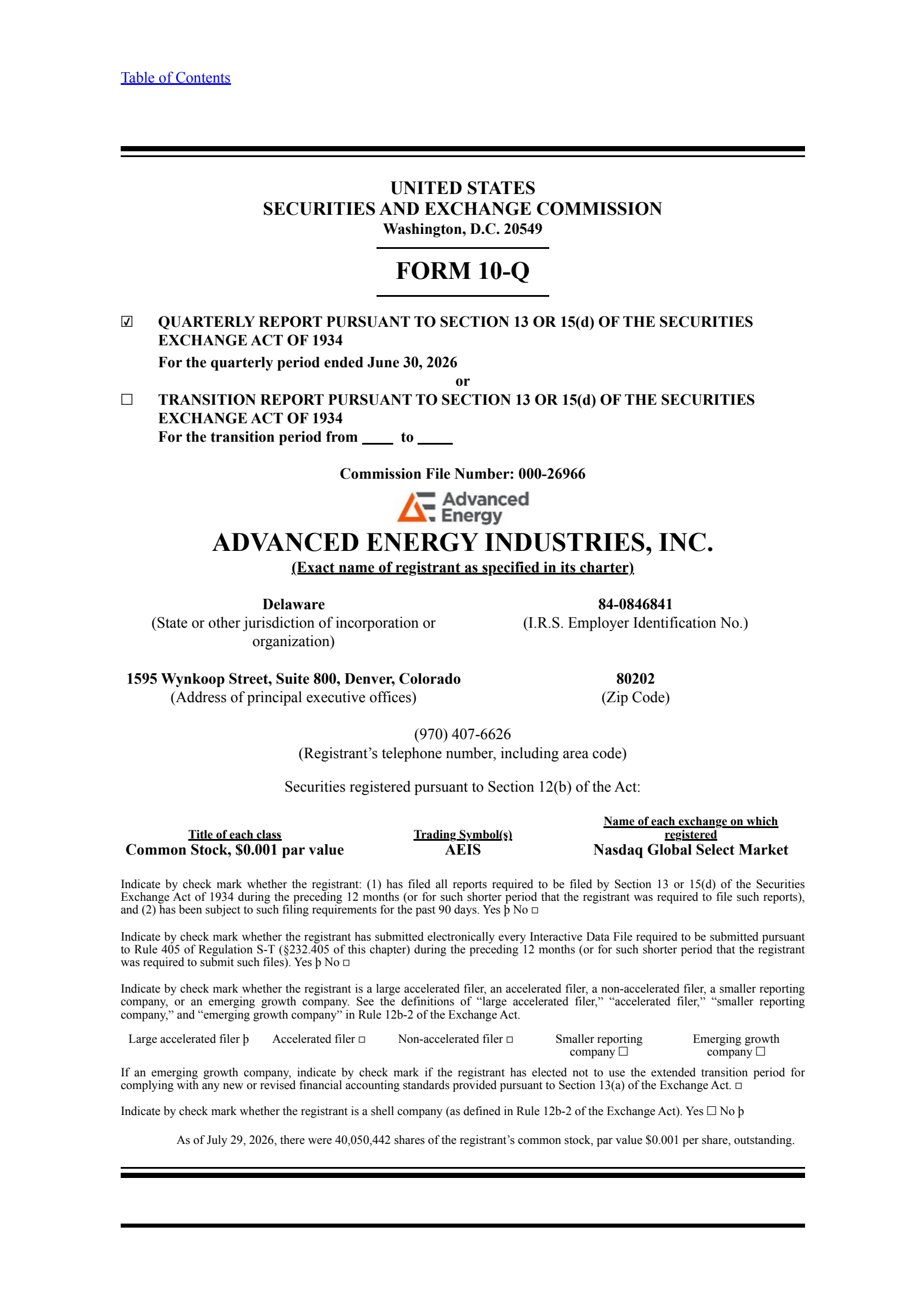 Advanced Energy Industries' Q2 2026 Quarterly report