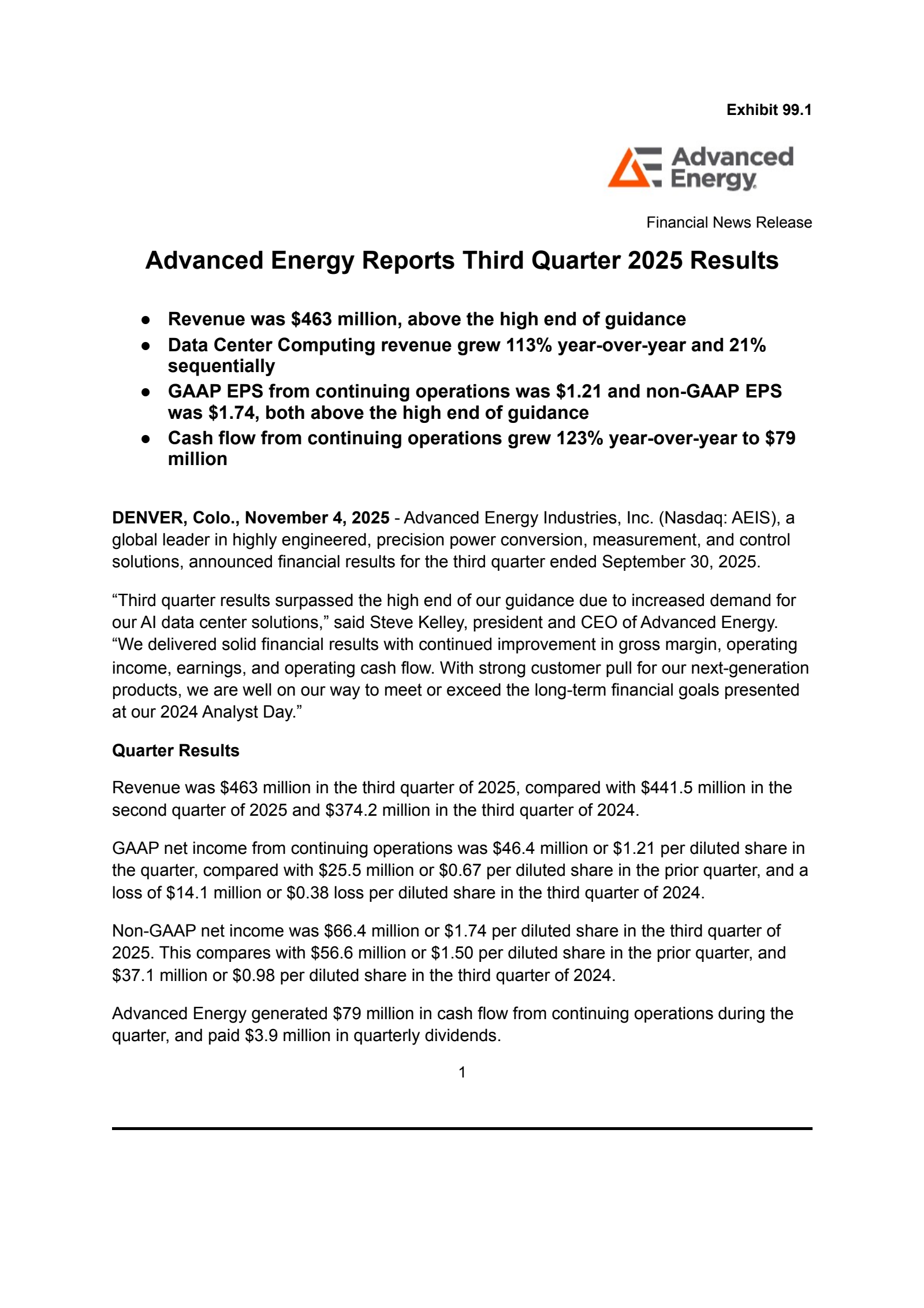 Advanced Energy Industries' Q3 2025 Earnings Release