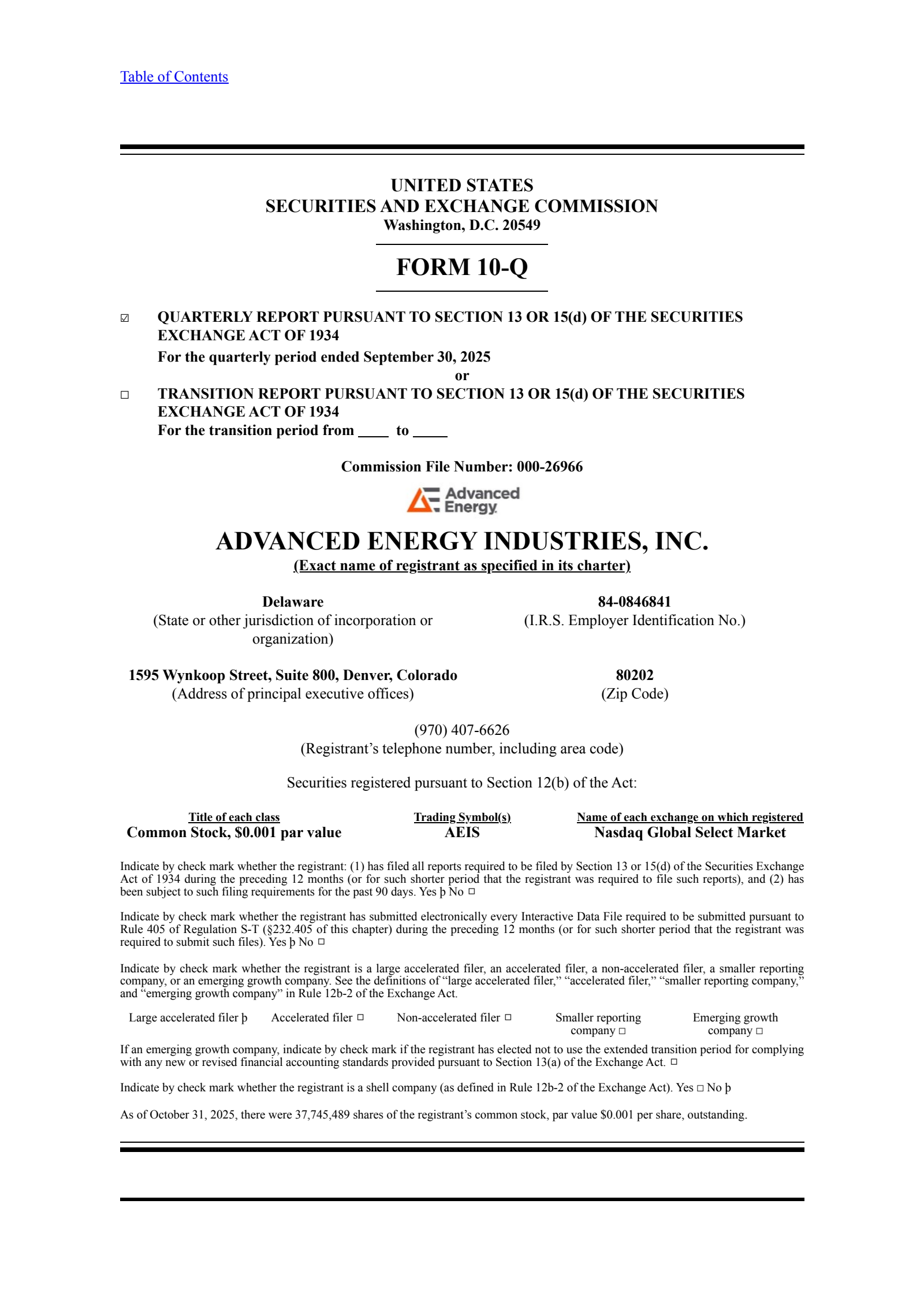 Advanced Energy Industries' Q3 2025 Quarterly Report