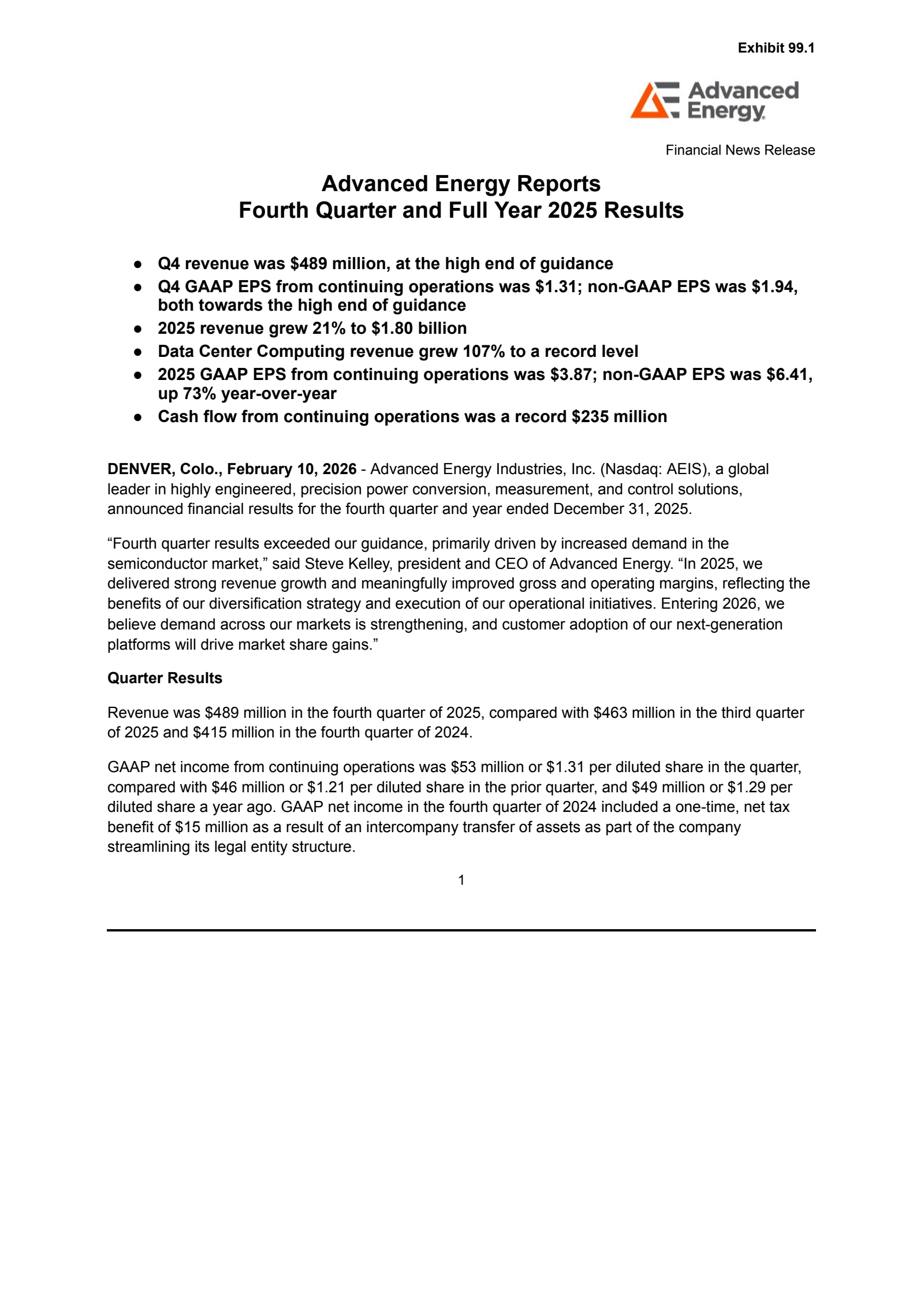 Advanced Energy Industries' Q4 2025 Press Release
