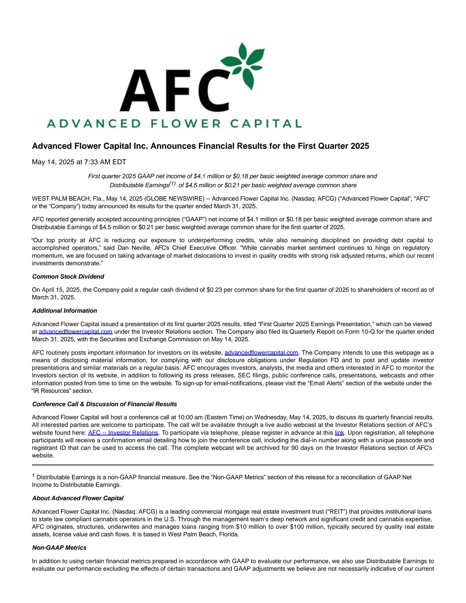 AFCG Q1 2025 Earnings Report on 5/14/2025
