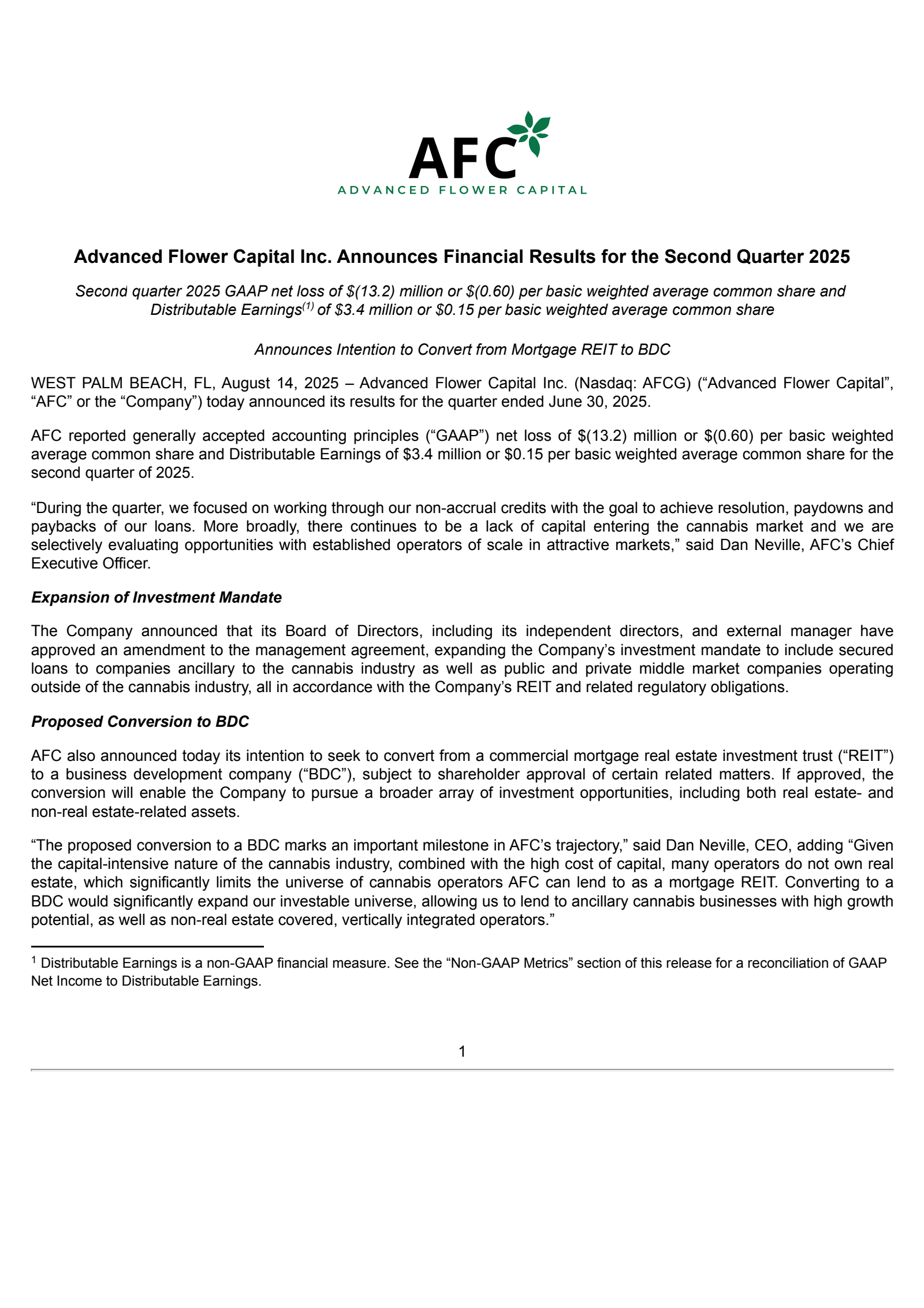 AFCG Q2 2025 Earnings Report on 8/14/2025