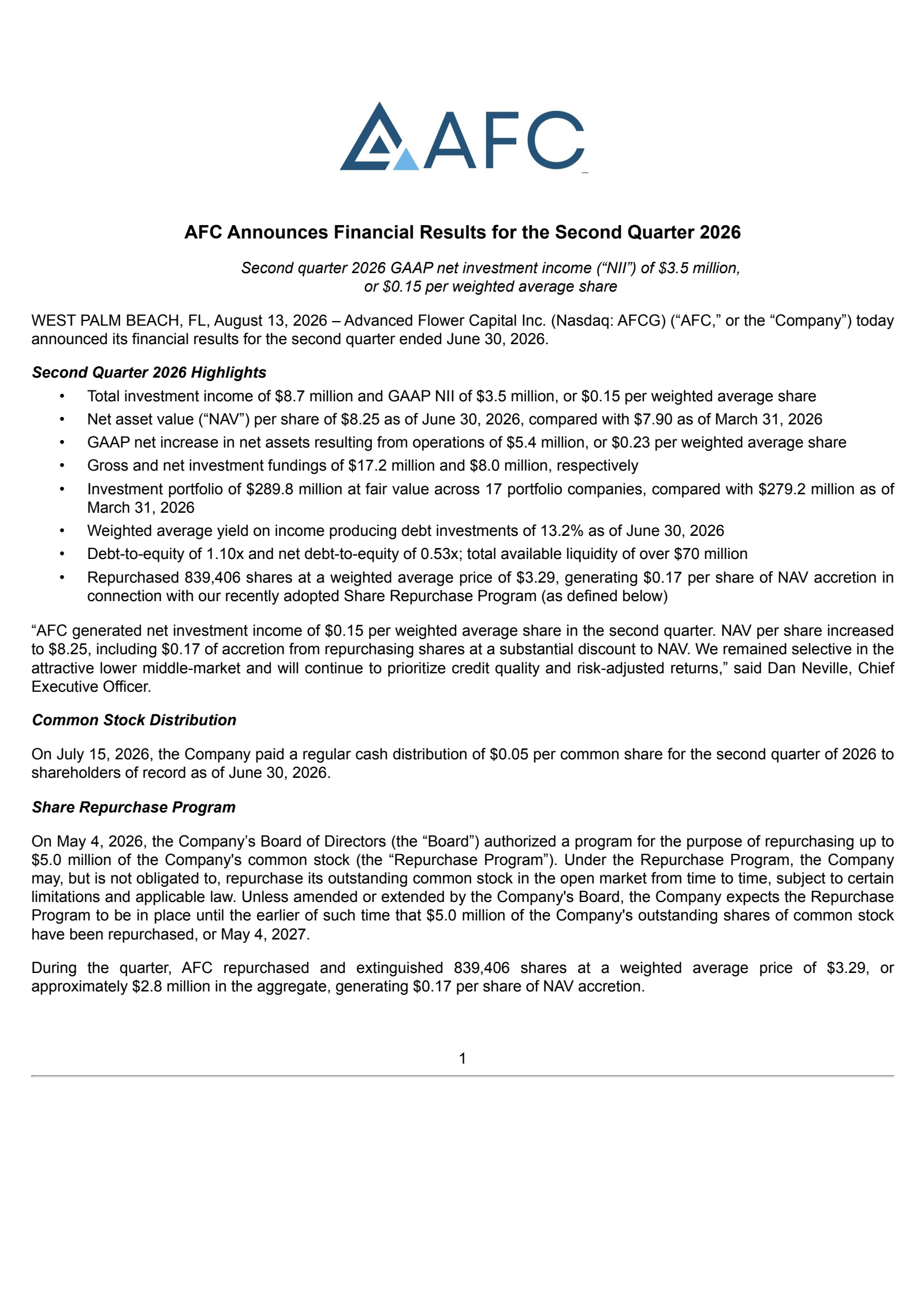 AFC Gamma's Q2 2026 Press Release
