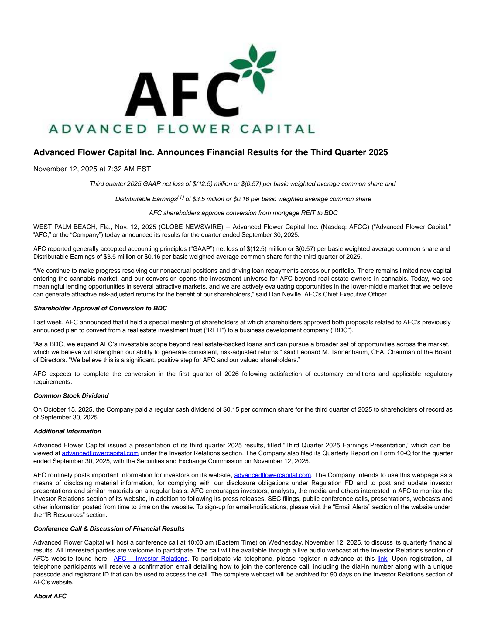 AFC Gamma's Q3 2025 Earnings Release