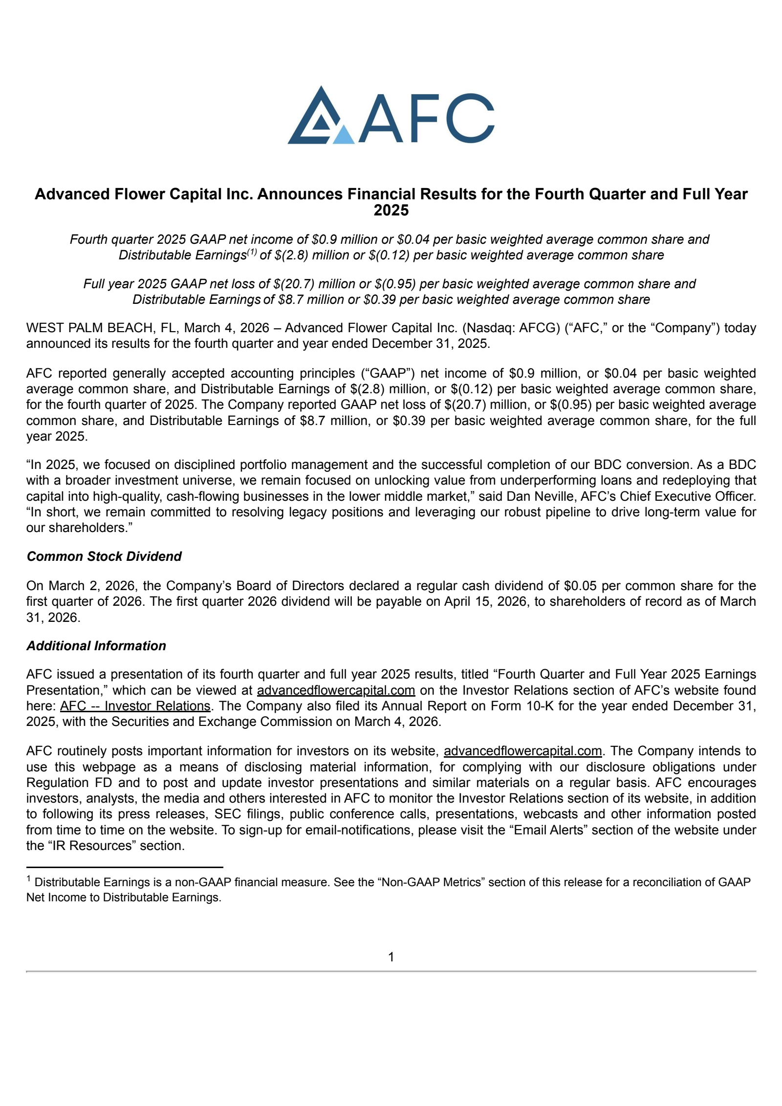 AFC Gamma's Q4 2025 Press Release