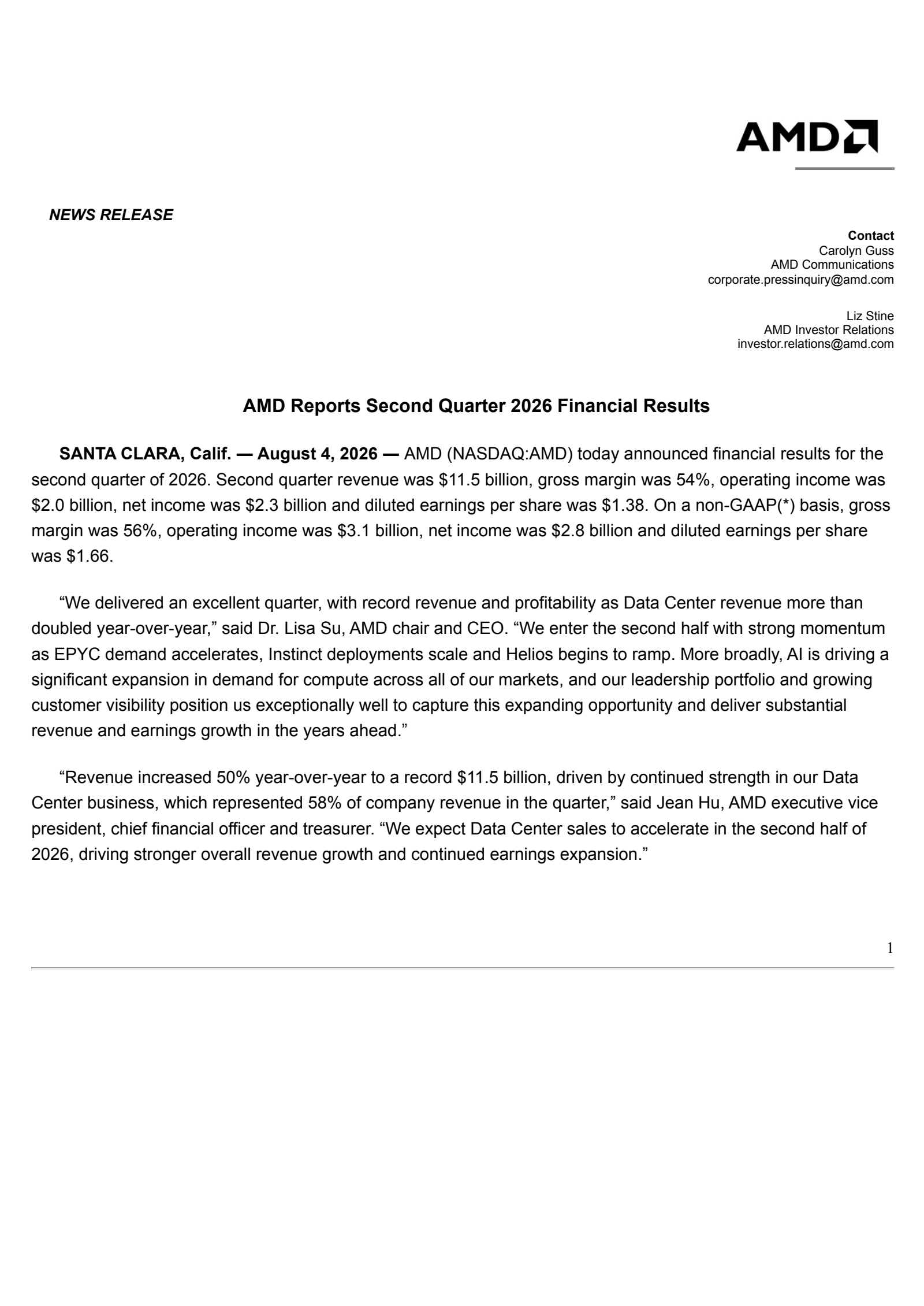Advanced Micro Devices' Q2 2026 Press Release