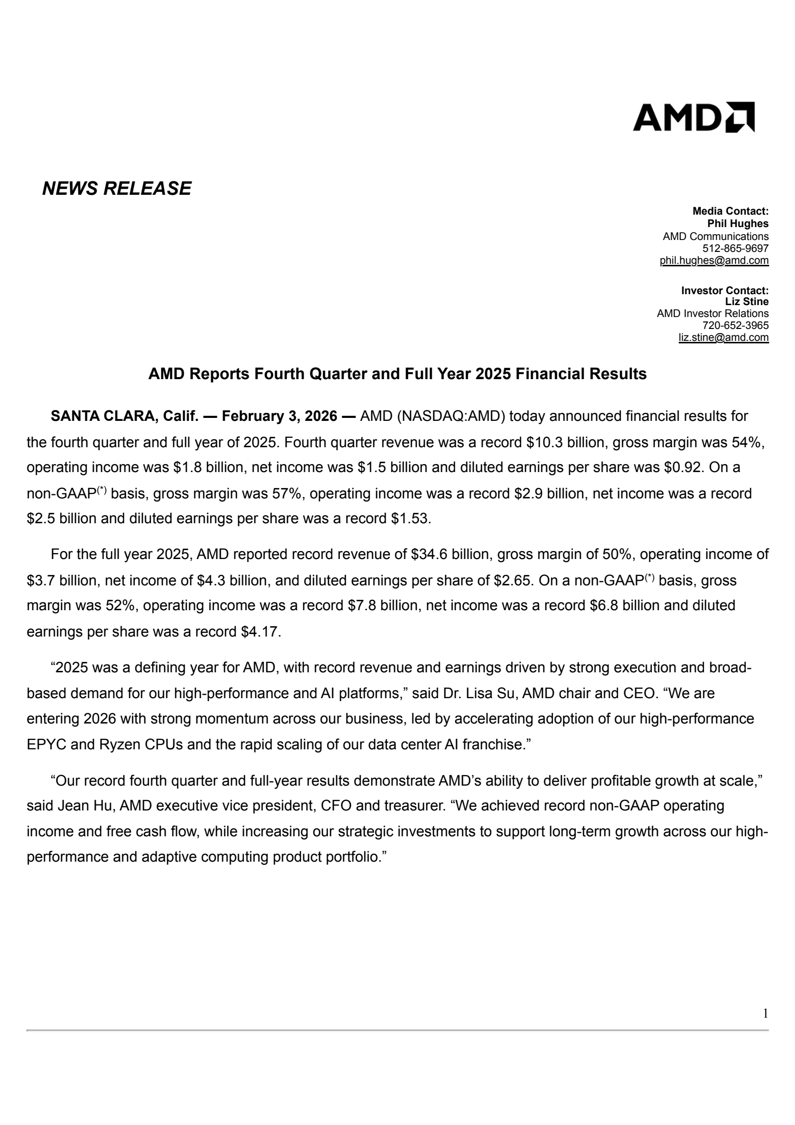 Advanced Micro Devices' Q4 2025 Press Release