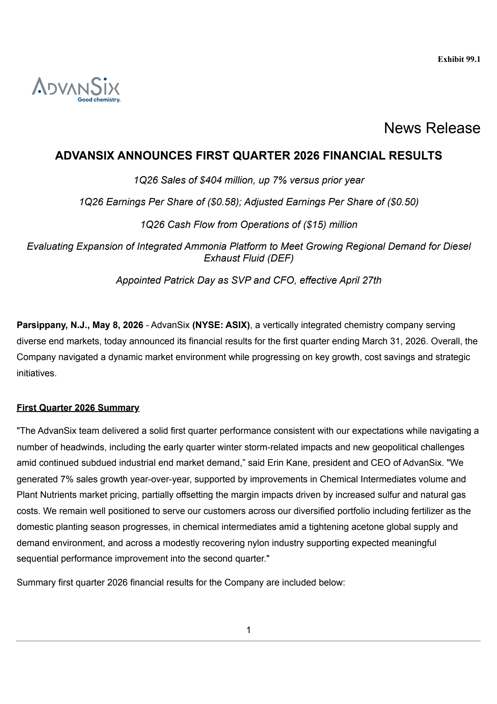 AdvanSix's Q1 2026 Press Release