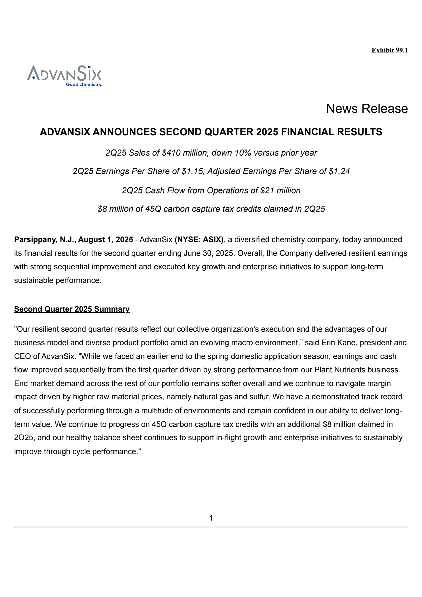 AdvanSix's Q2 2025 Press Release