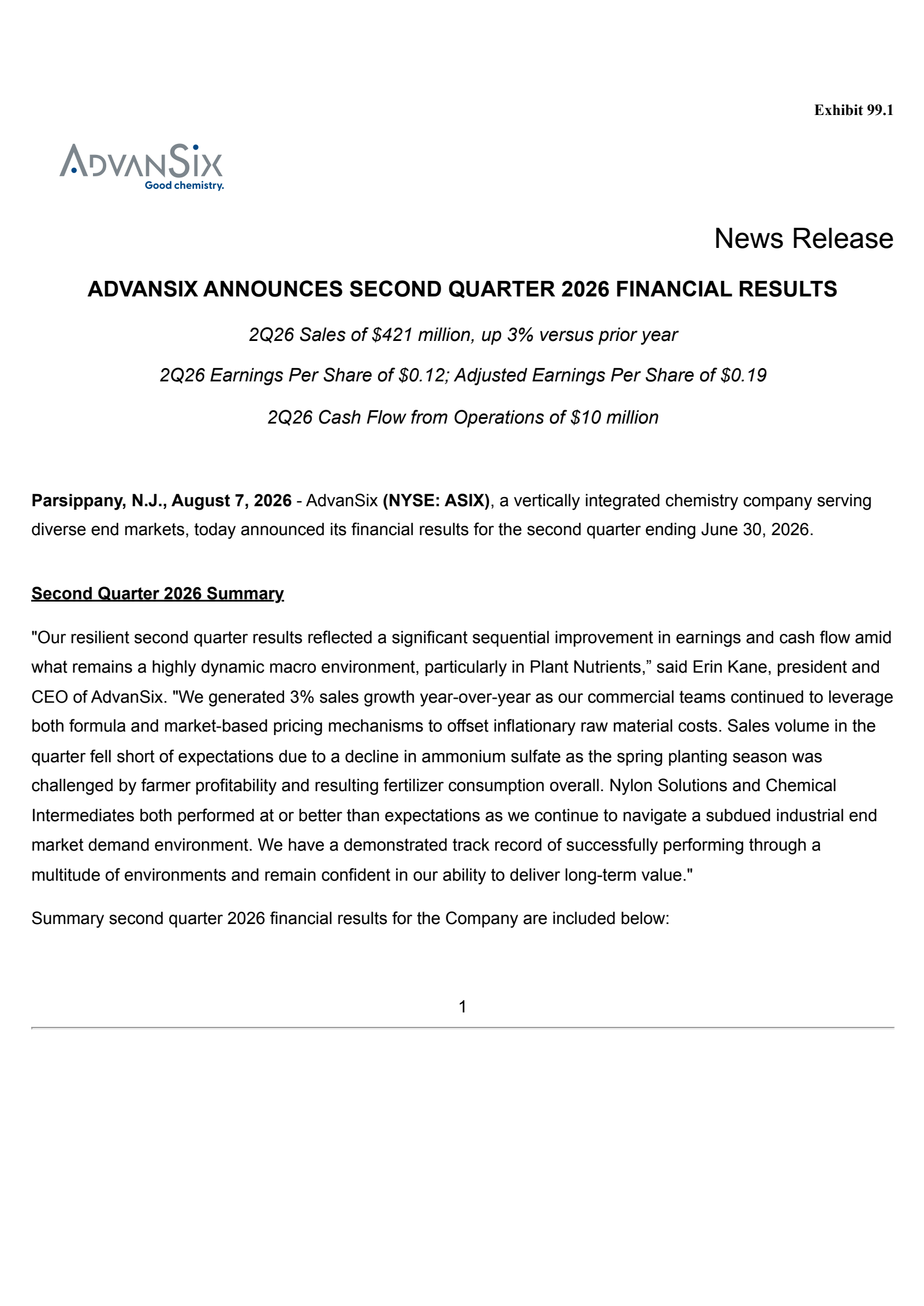 AdvanSix's Q2 2026 Press Release