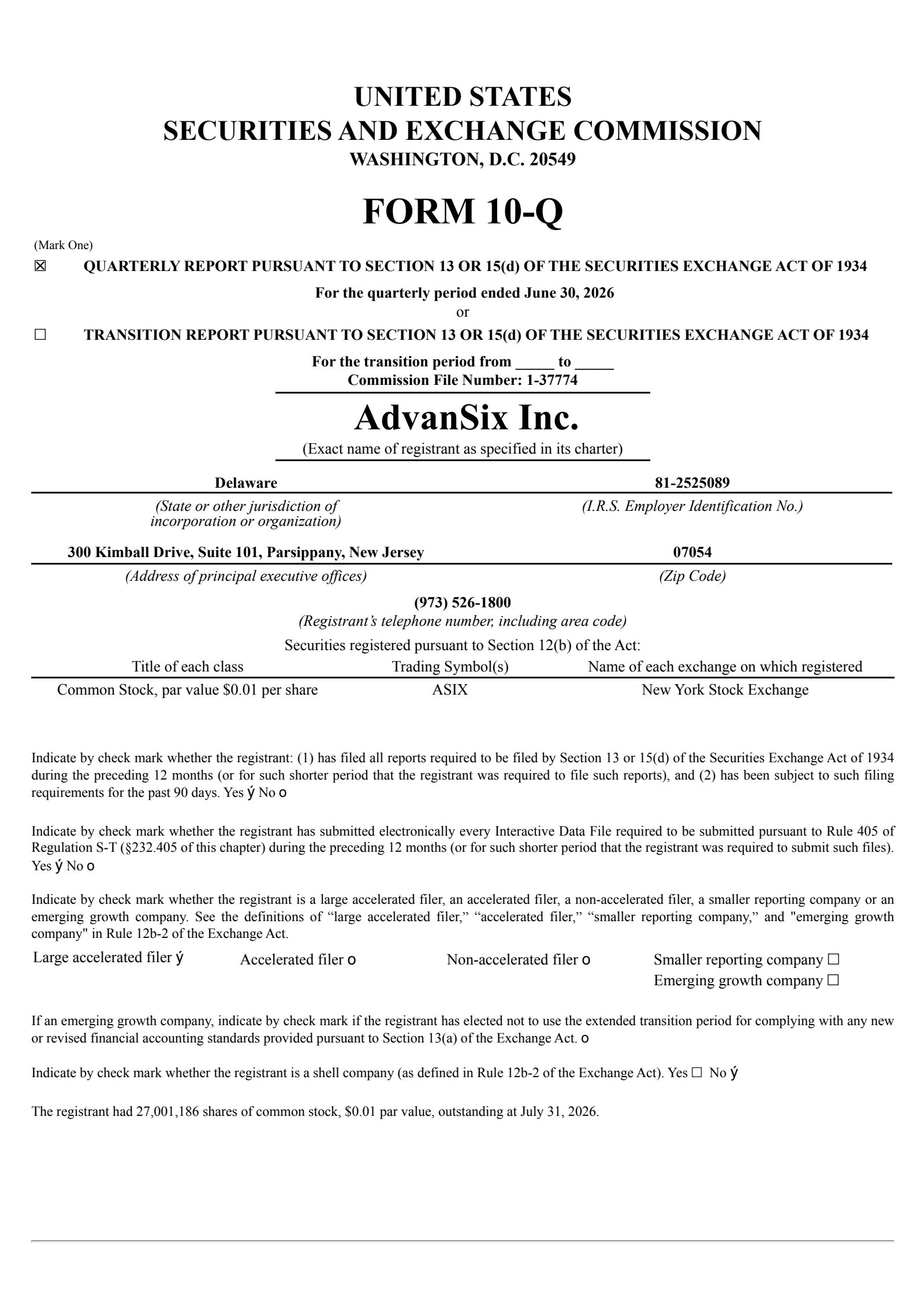 AdvanSix's Q2 2026 Quarterly report