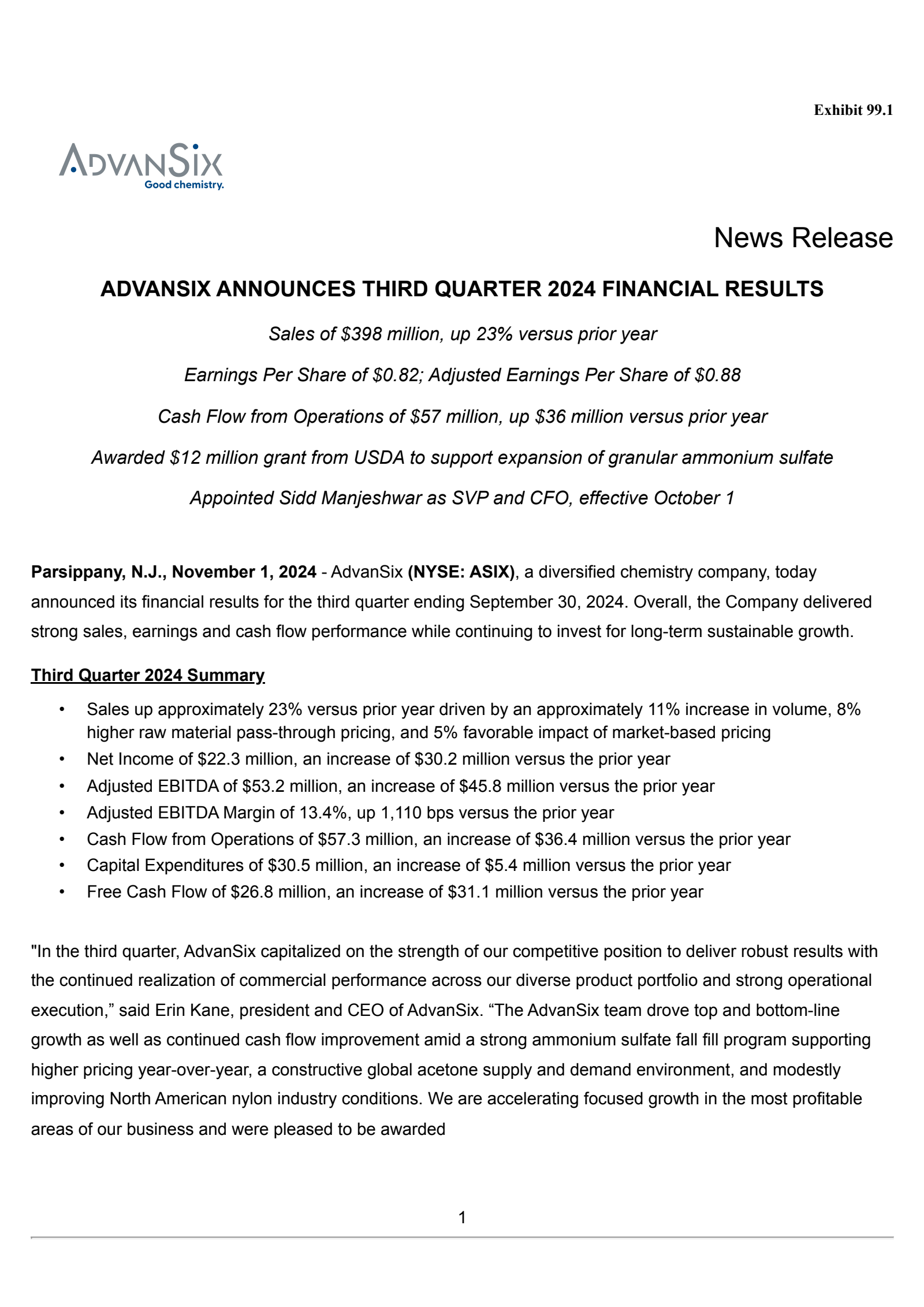 AdvanSix's Q3 2024 Press Release