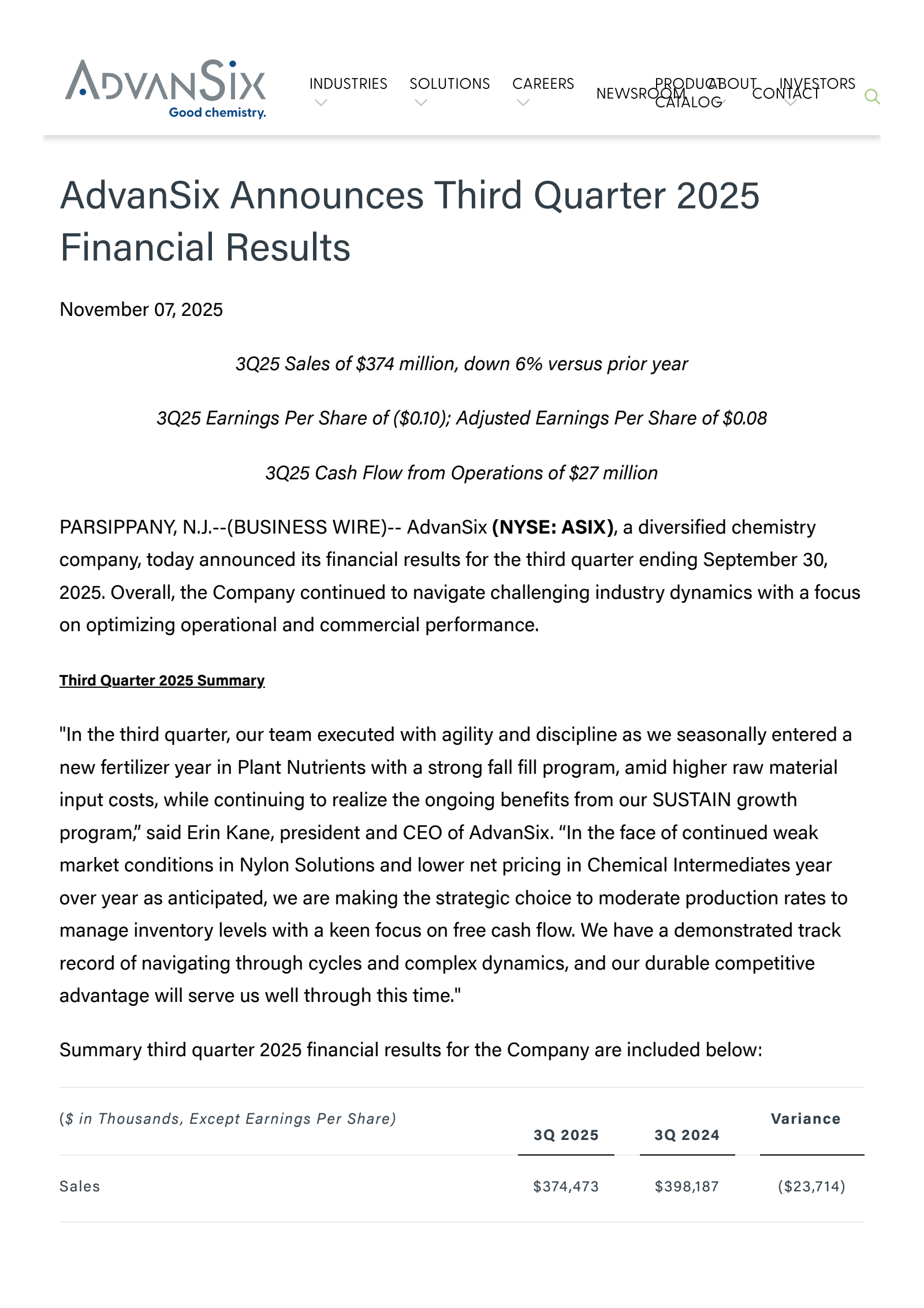 AdvanSix's Q3 2025 Earnings Release