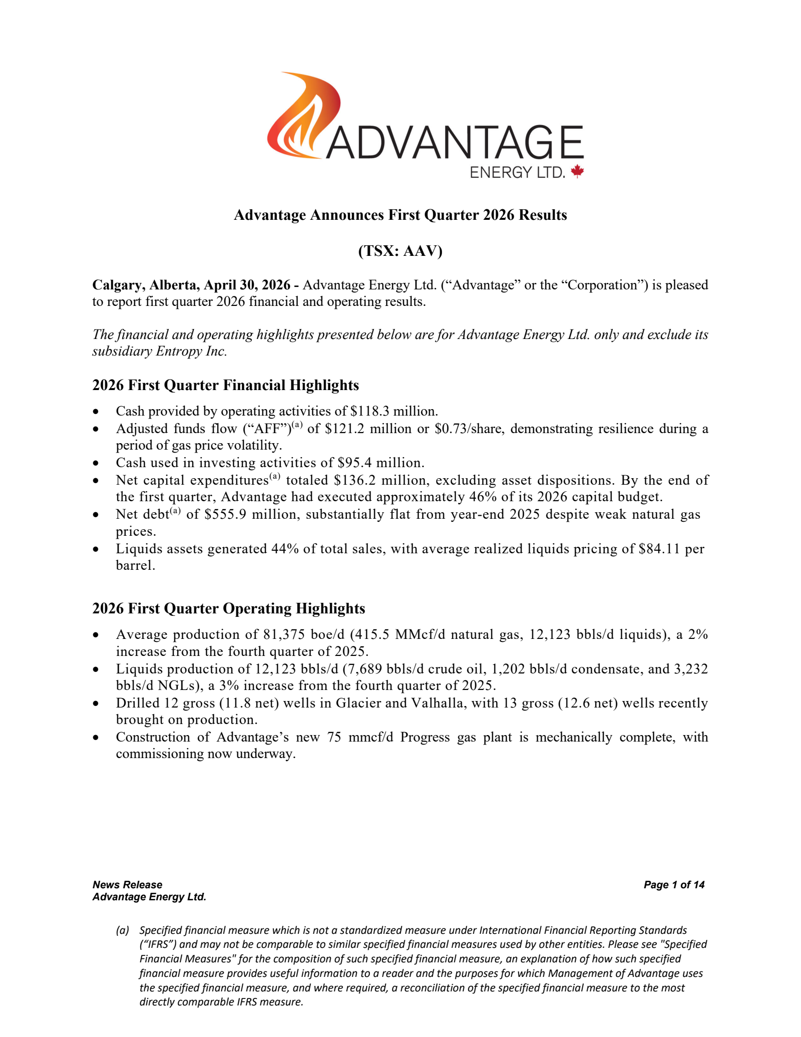 Advantage Energy's Q1 2026 Press Release