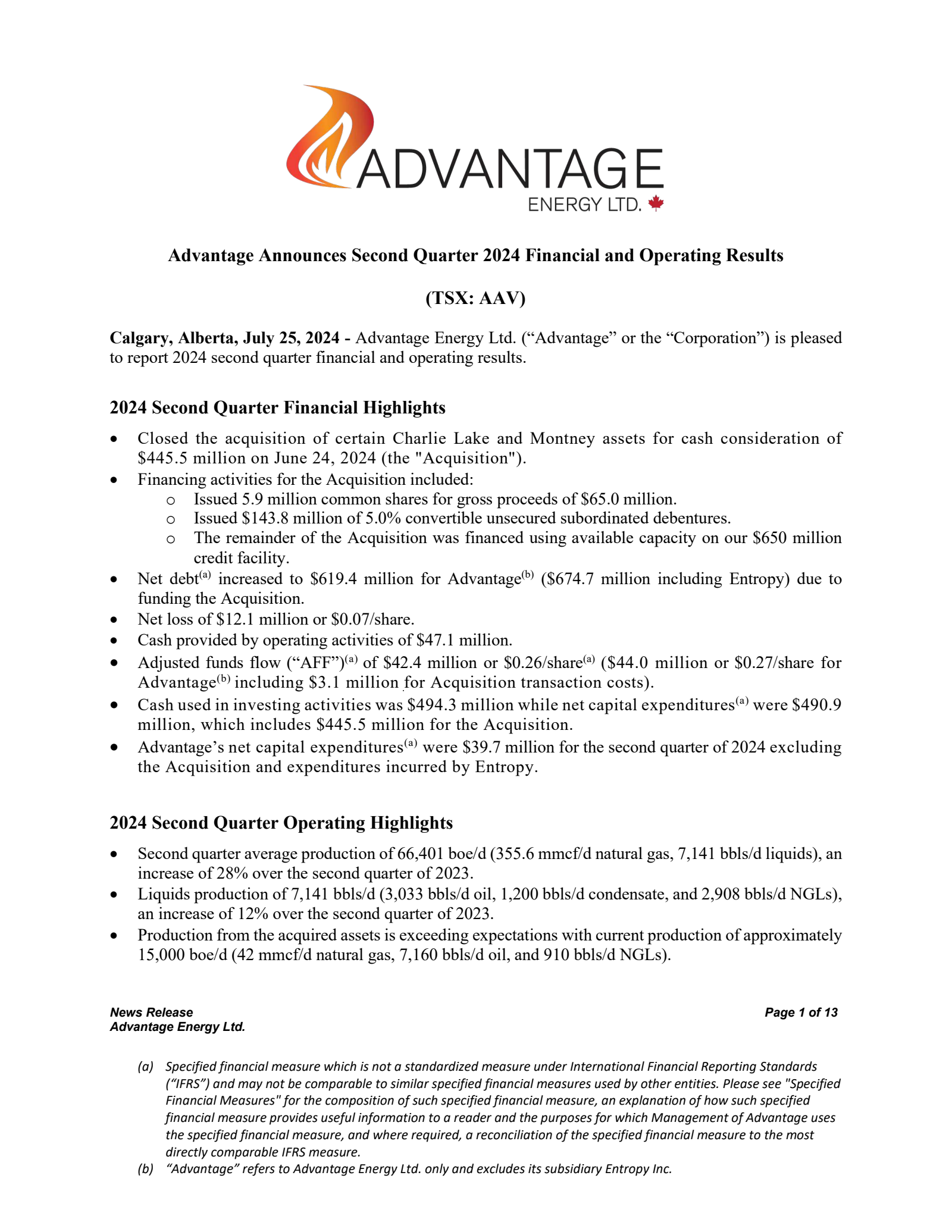 Advantage Energy's Q2 2024 Press Release