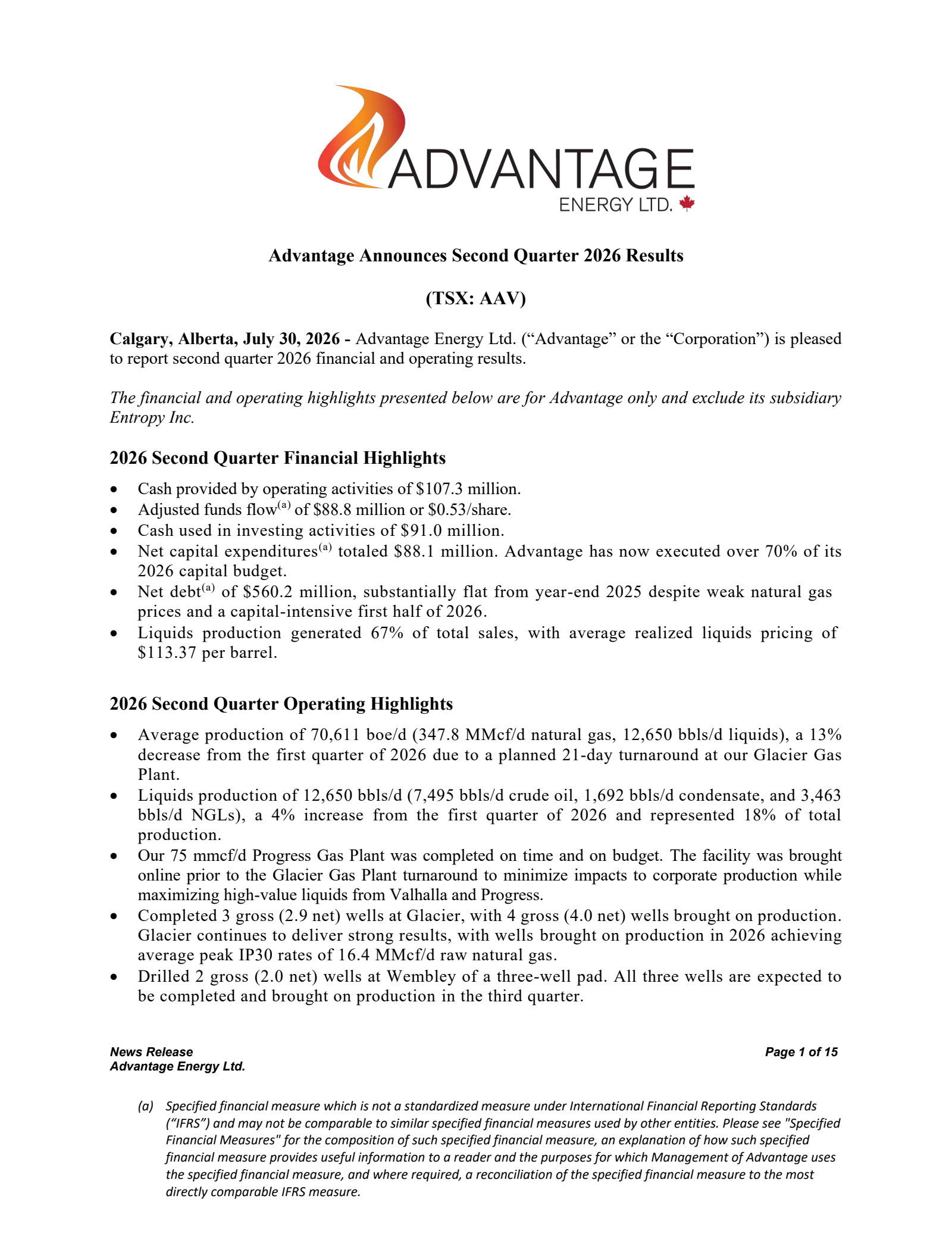 Advantage Energy's Q2 2026 Press Release
