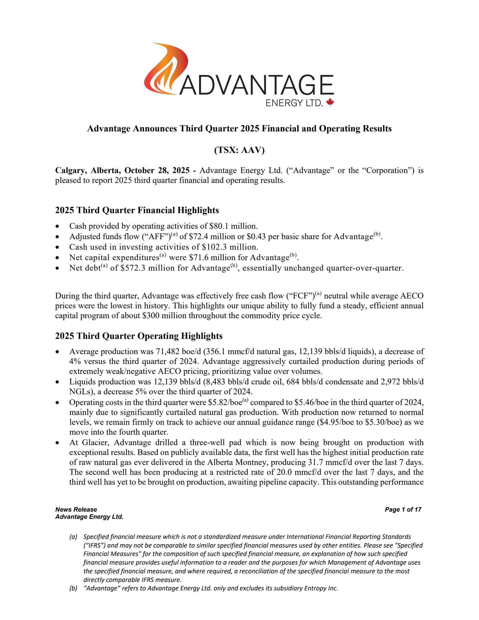 Advantage Energy's Q3 2025 Earnings Release