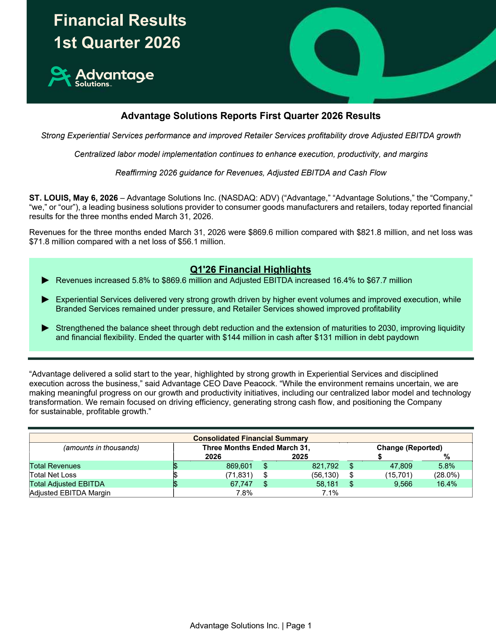 Advantage Solutions' Q1 2026 Press Release