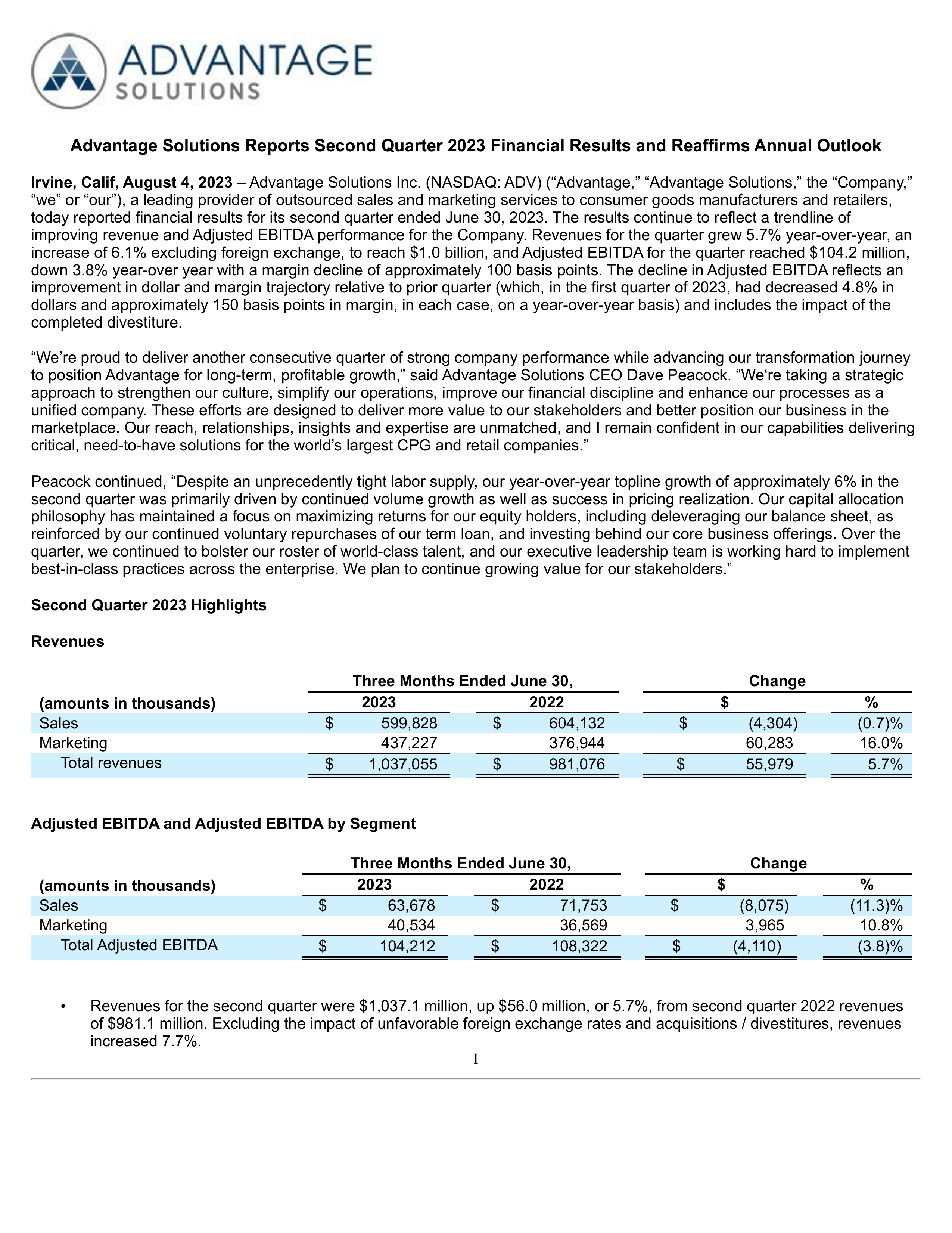 Advantage Solutions' Q2 2023 Press Release