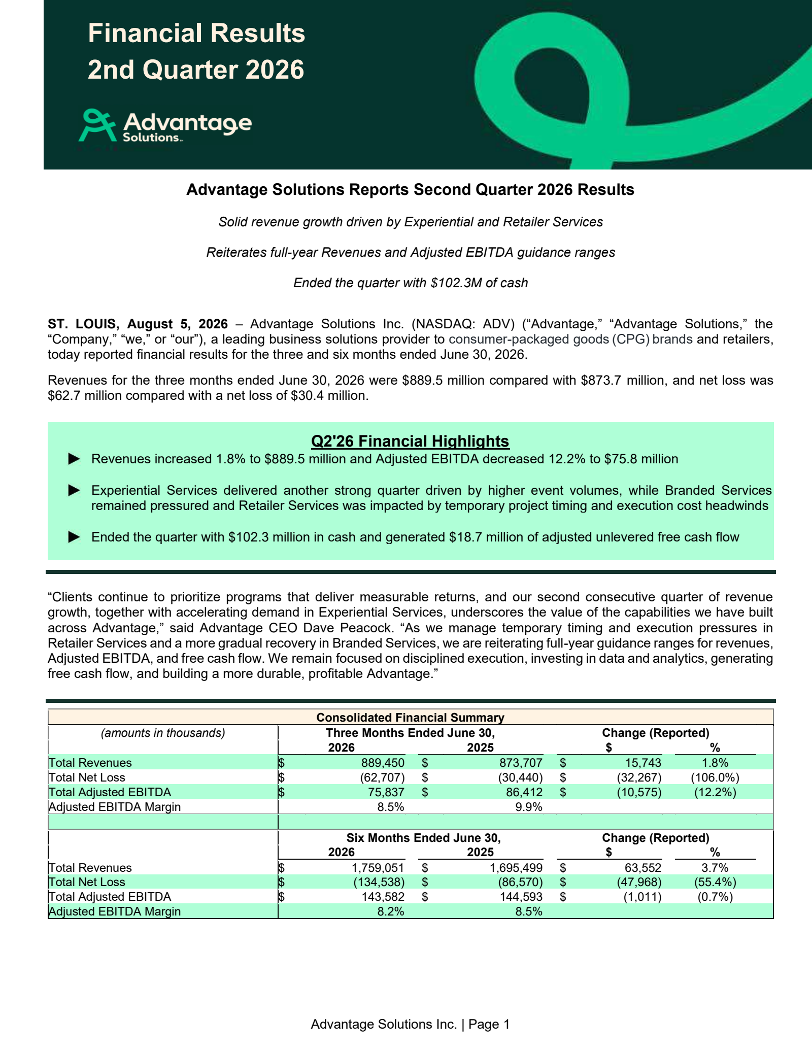 Advantage Solutions' Q2 2026 Press Release