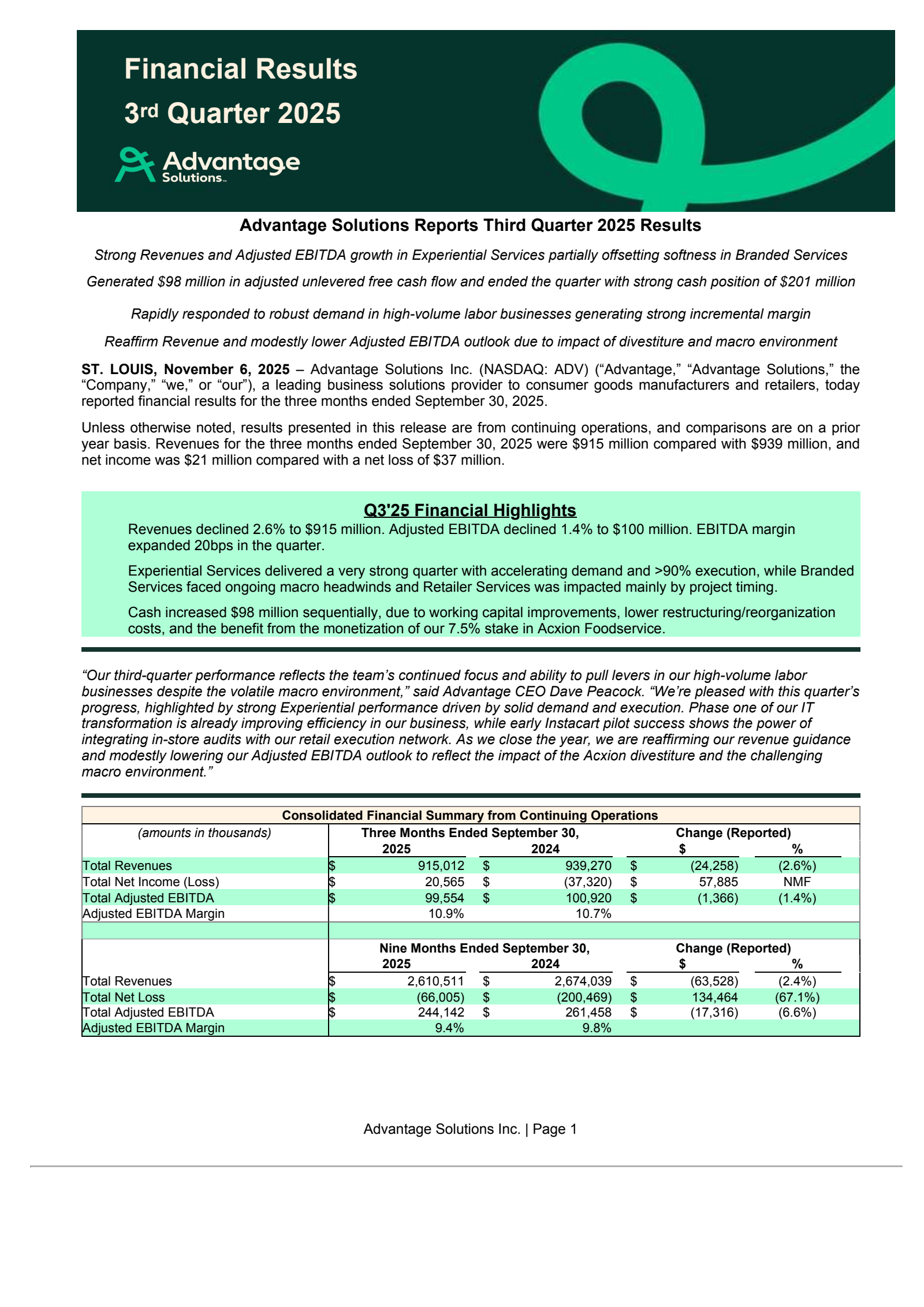 Advantage Solutions' Q3 2025 Earnings Release