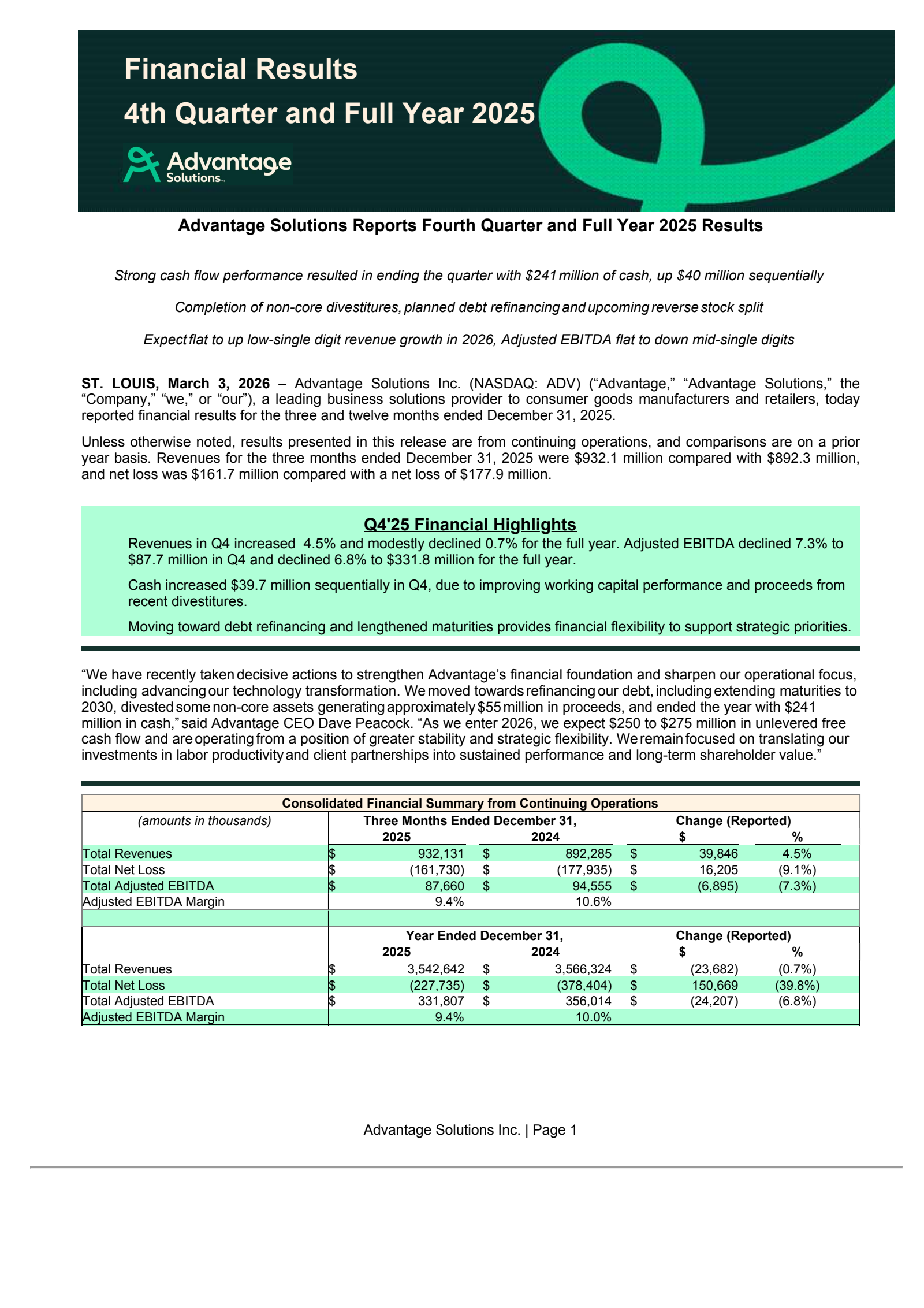 Advantage Solutions' Q4 2025 Press Release