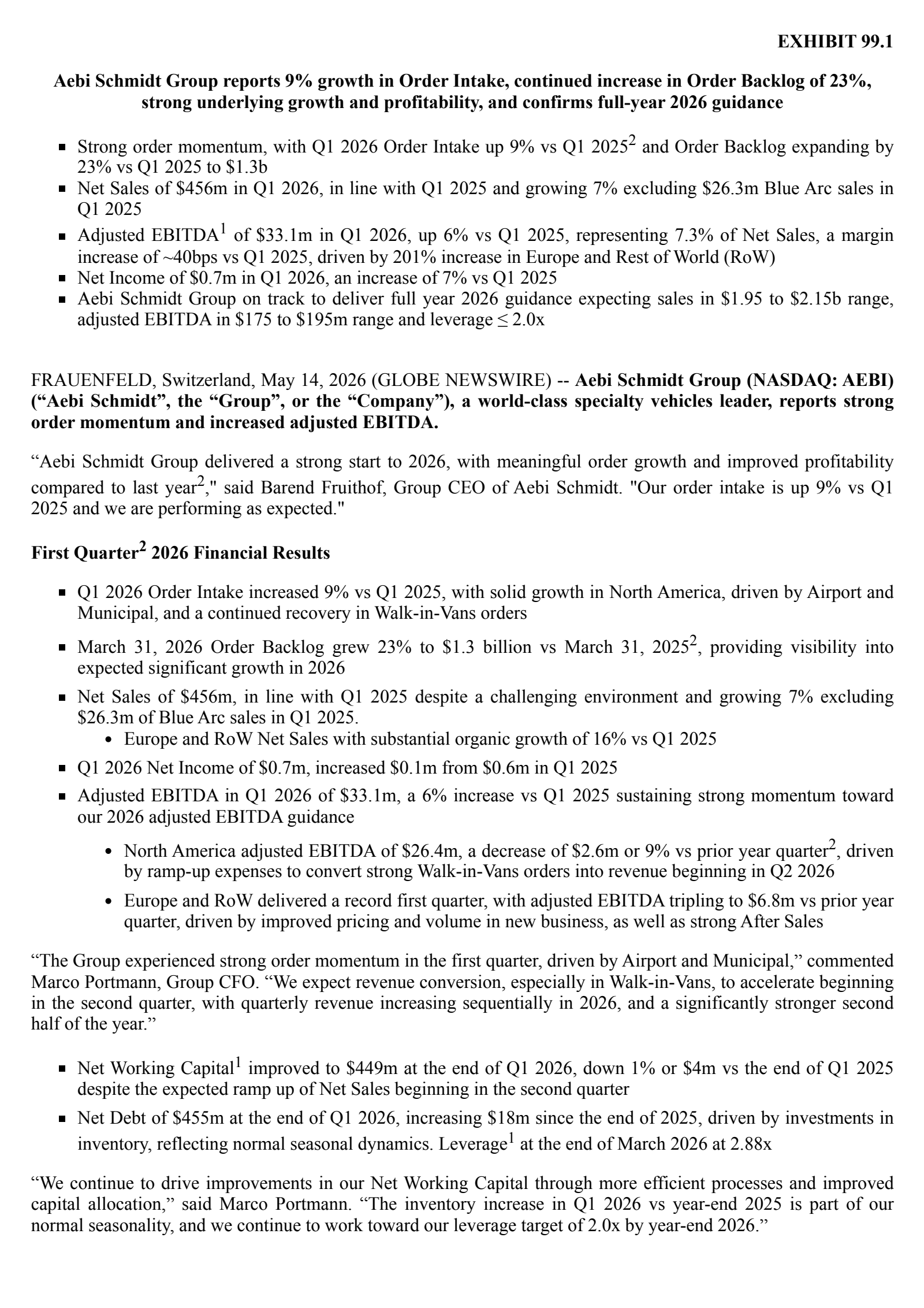 Aebi Schmidt's Q1 2026 Press Release