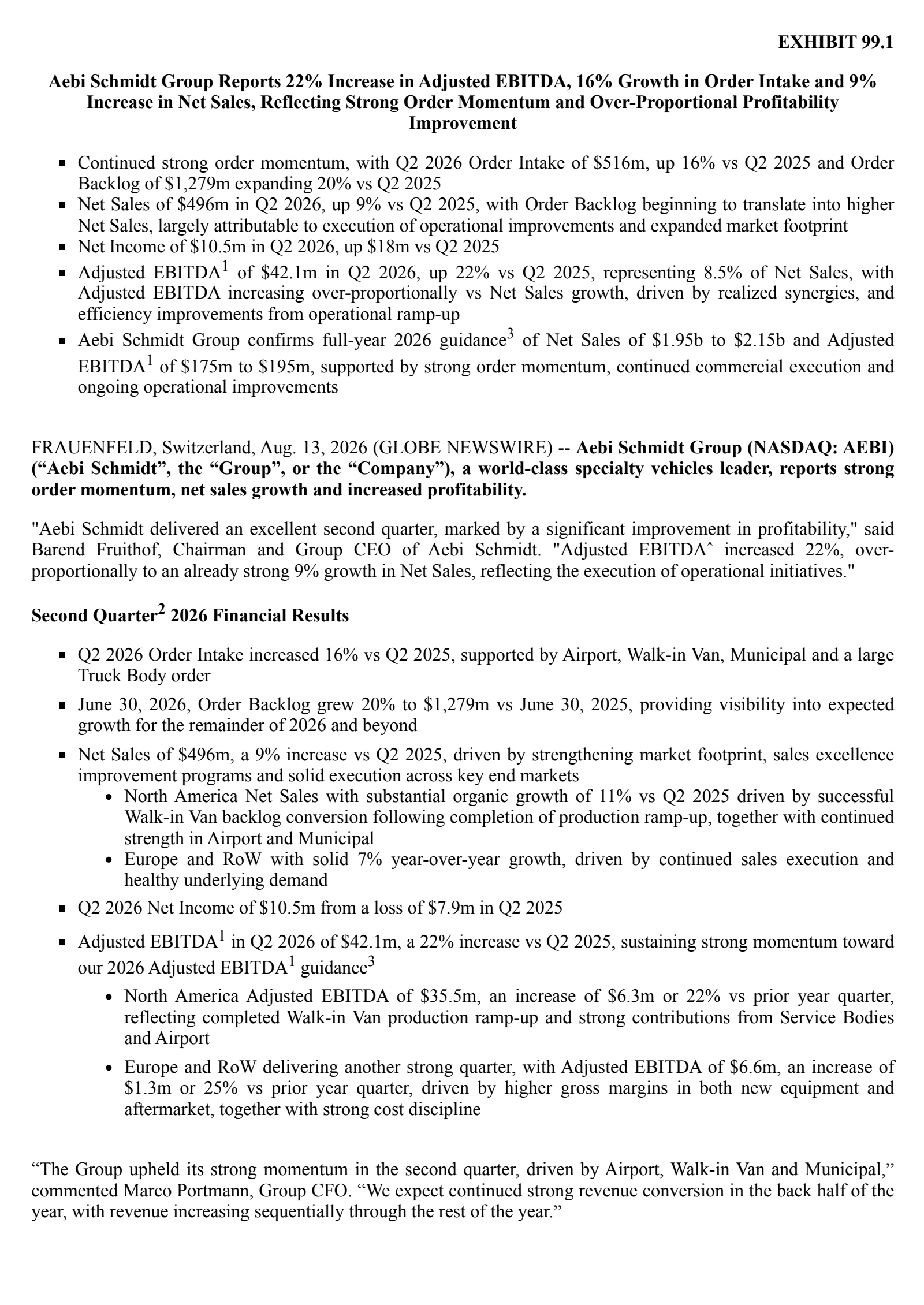Aebi Schmidt's Q2 2026 Press Release