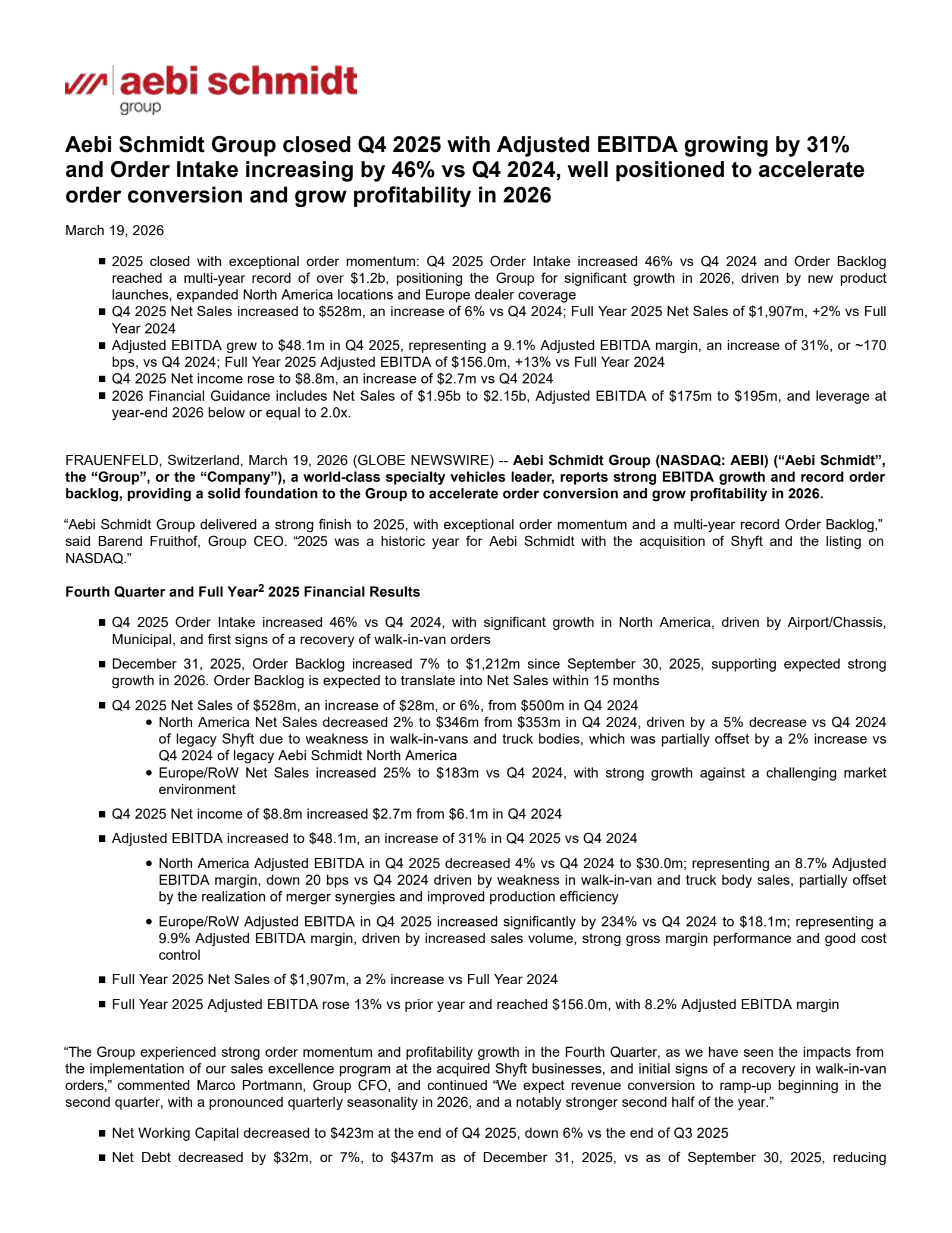 Aebi Schmidt's Q4 2025 Press Release