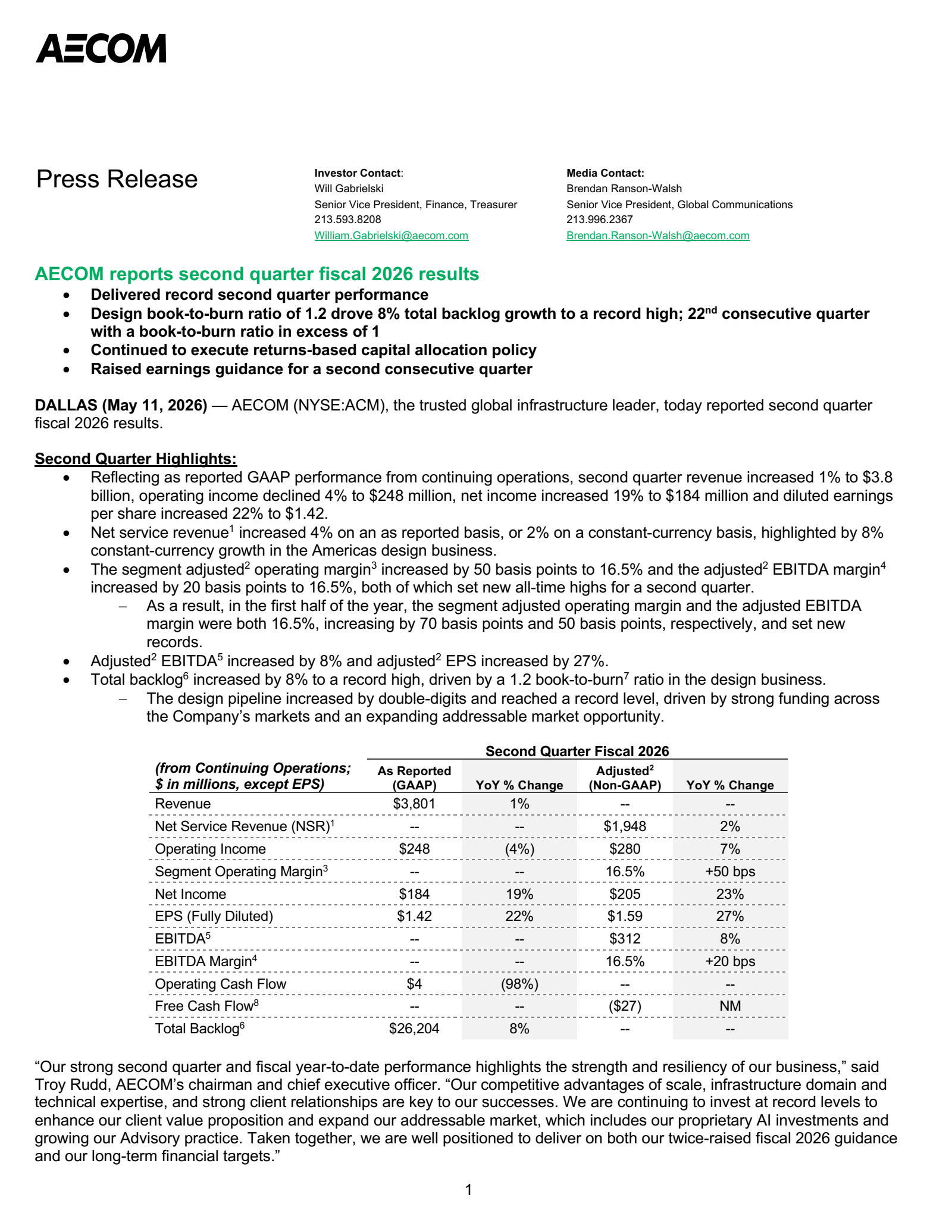 AECOM's Q2 2026 Press Release