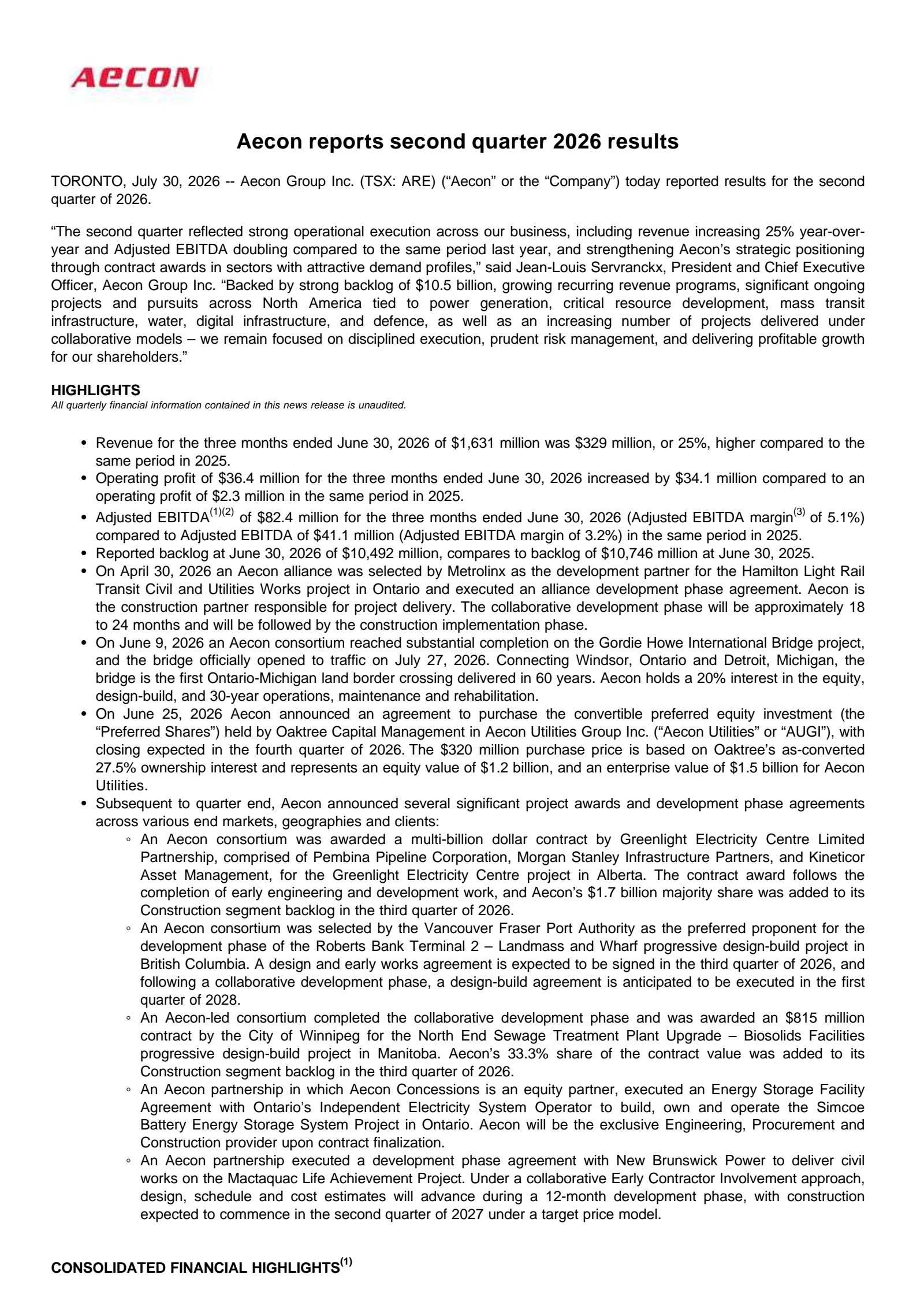Aecon Group's Q2 2026 Press Release