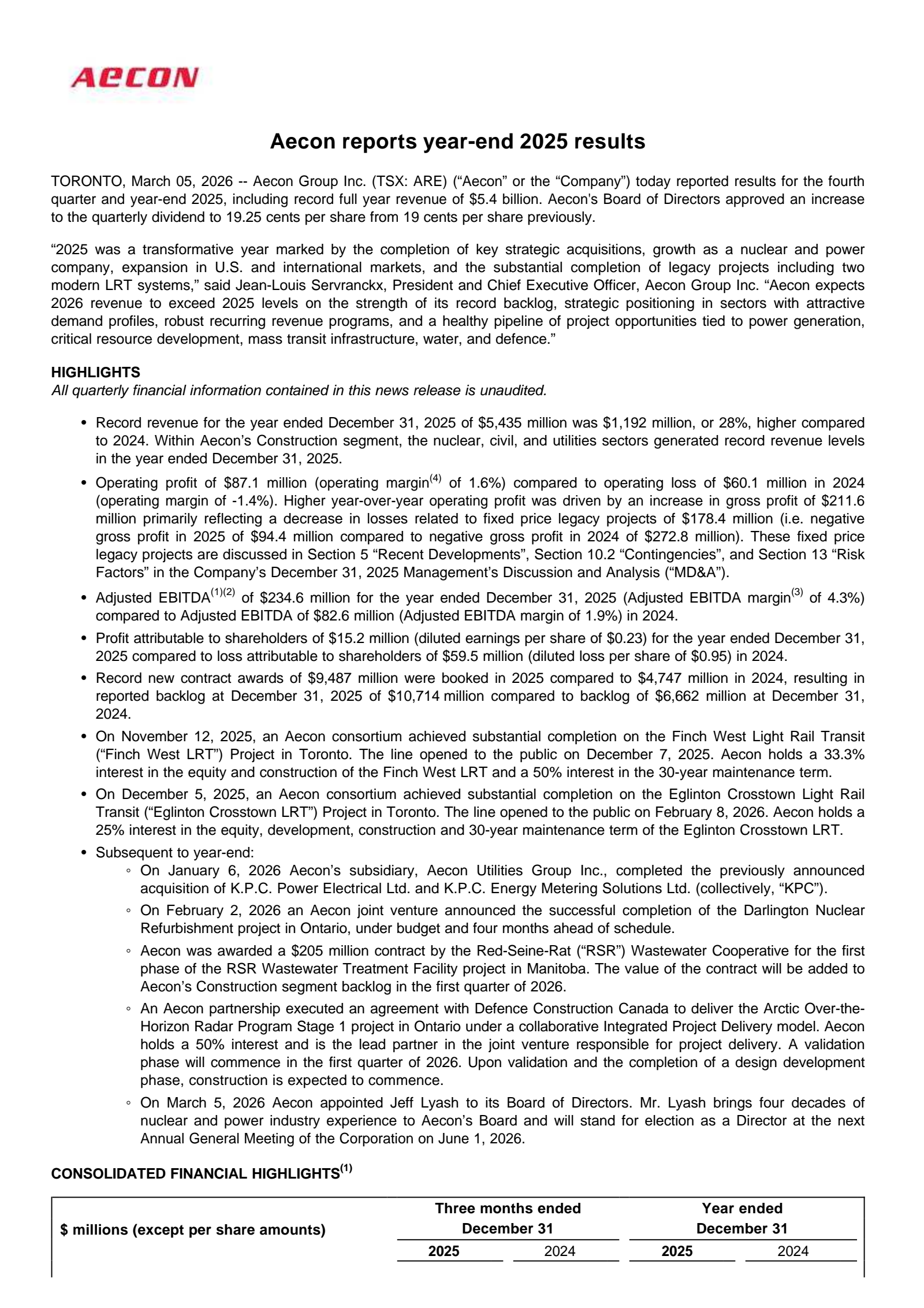 Aecon Group's Q4 2025 Press Release