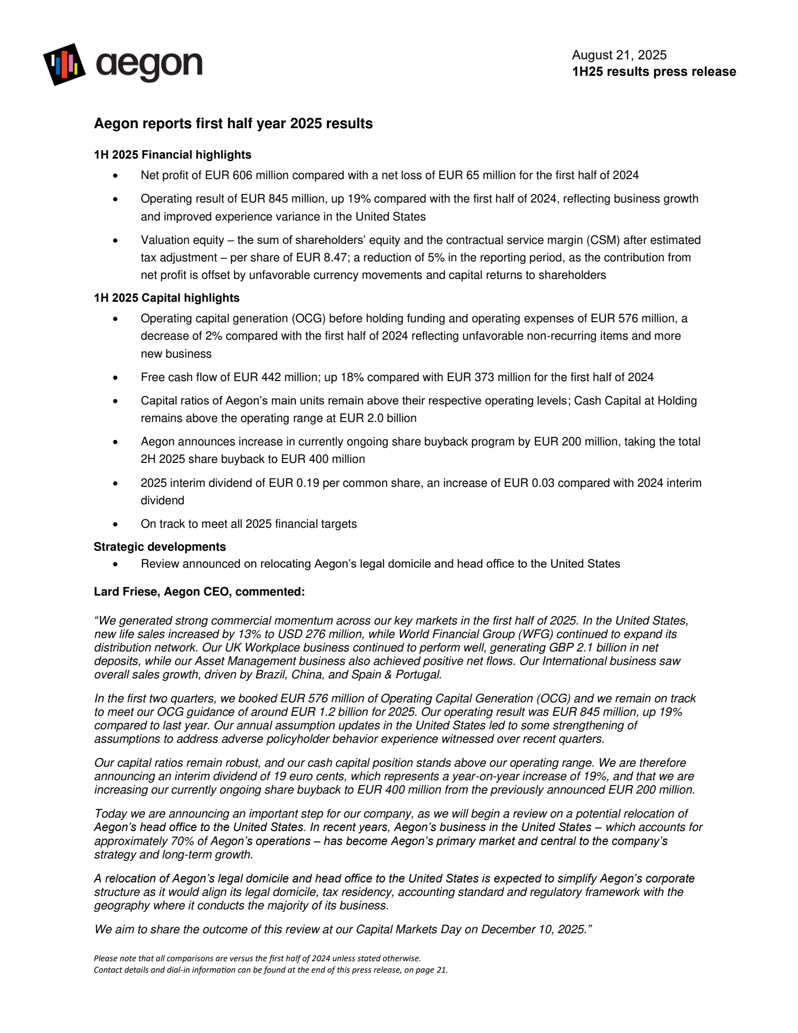 Aegon's H1 2025 Interim report