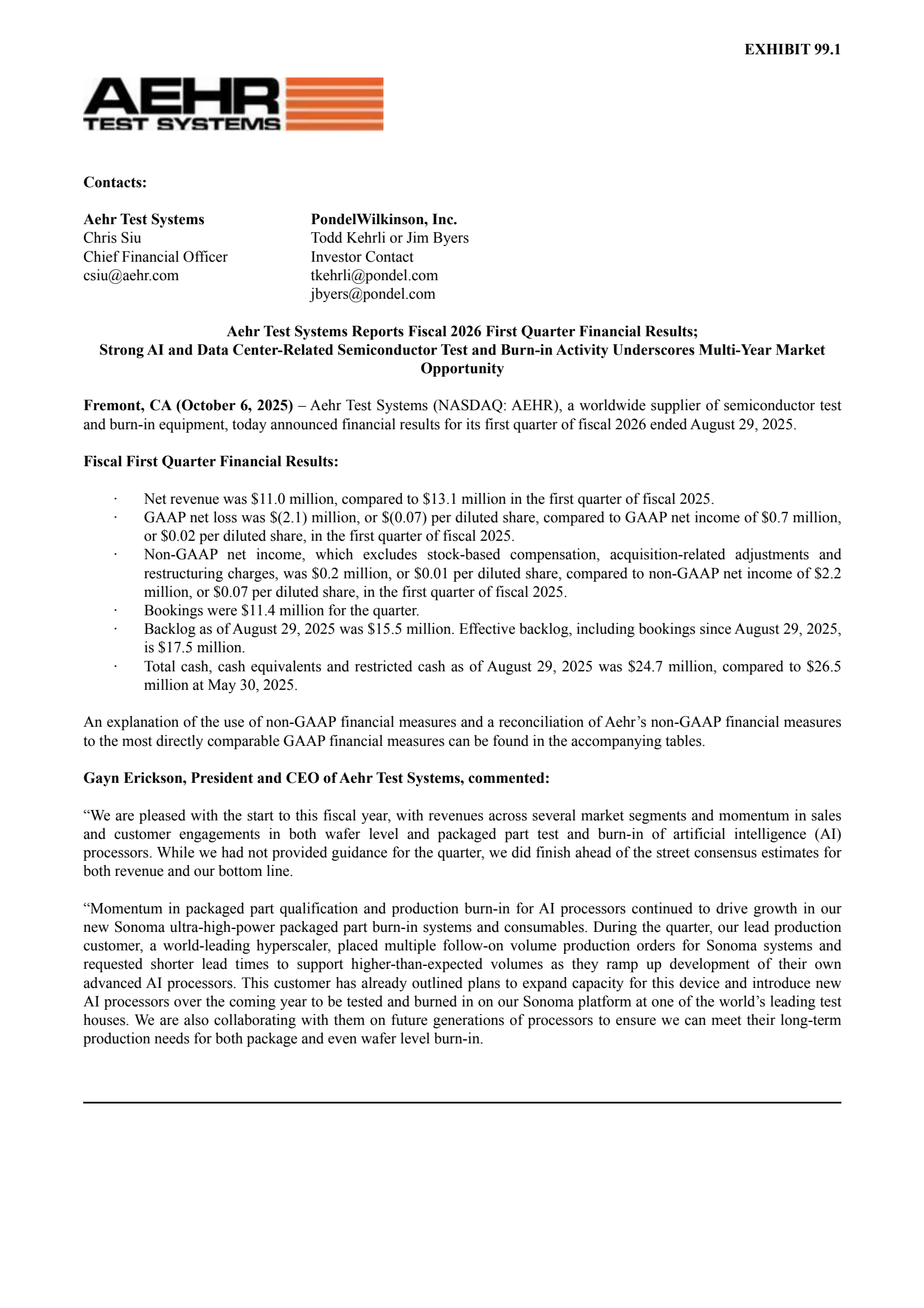 Aehr Test Systems' Q1 2026 Earnings Release