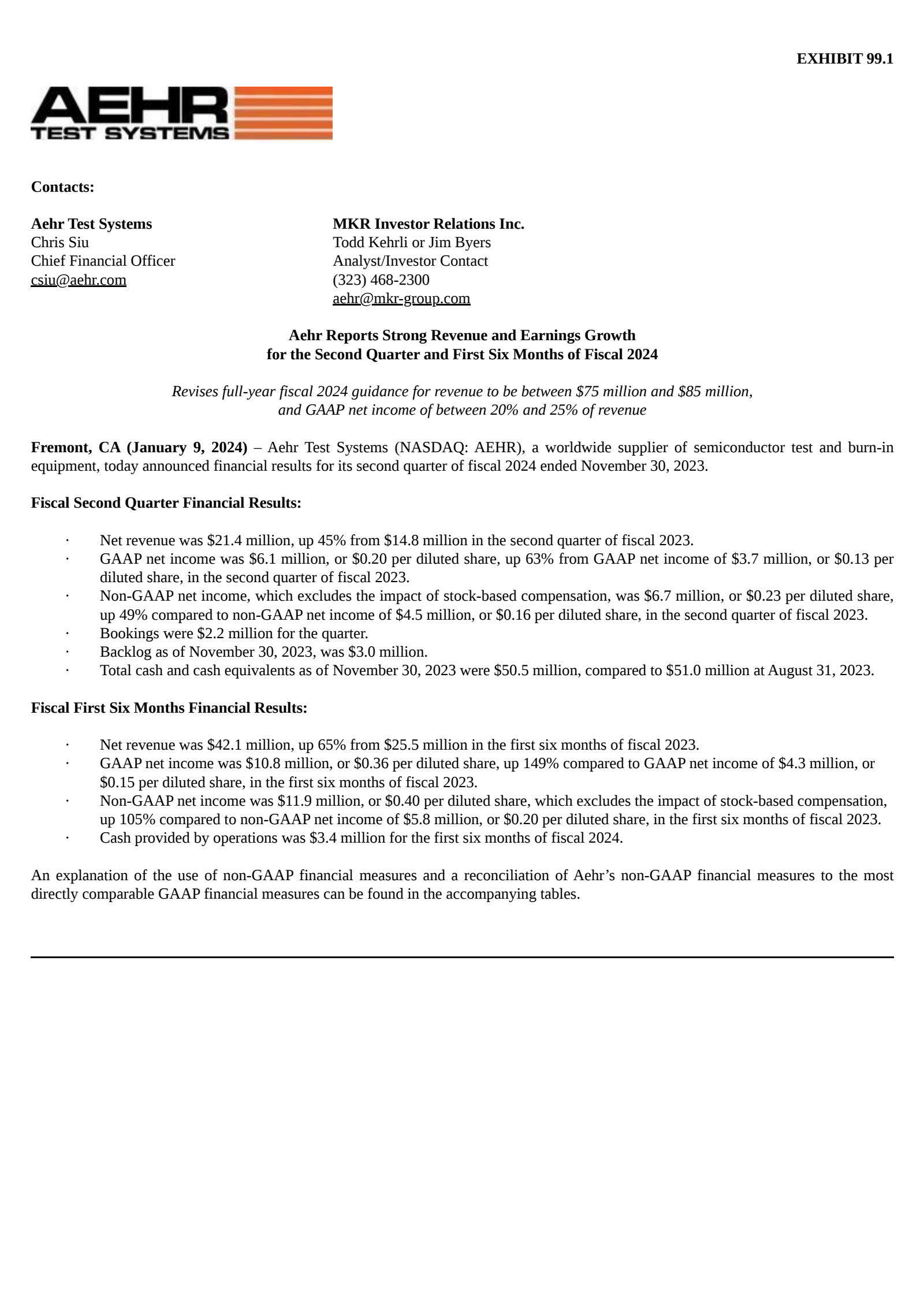 Aehr Test Systems' Q2 2024 Press Release