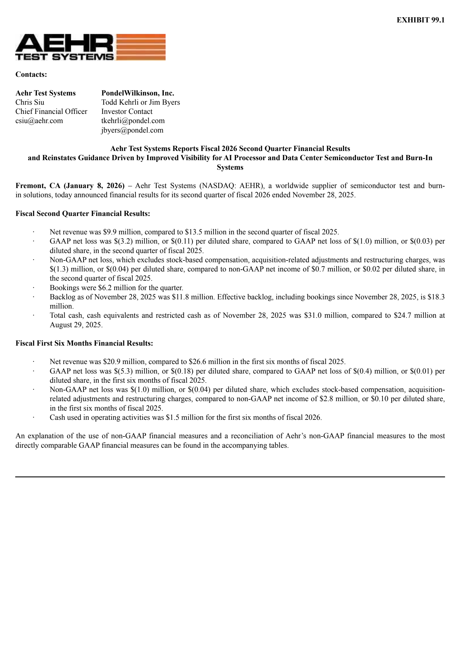 Aehr Test Systems' Q2 2026 Earnings Release