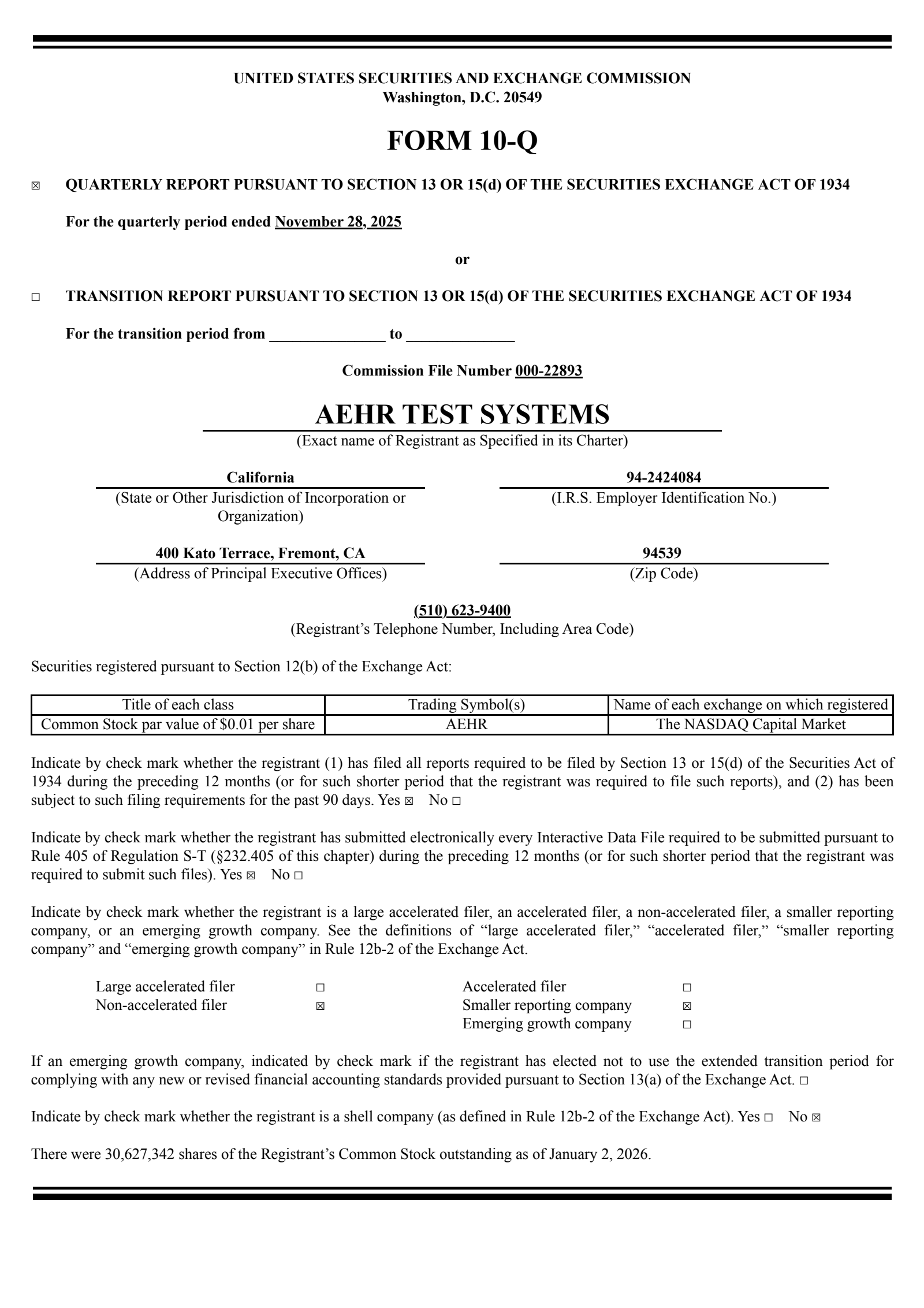Aehr Test Systems' Q2 2026 Quarterly report
