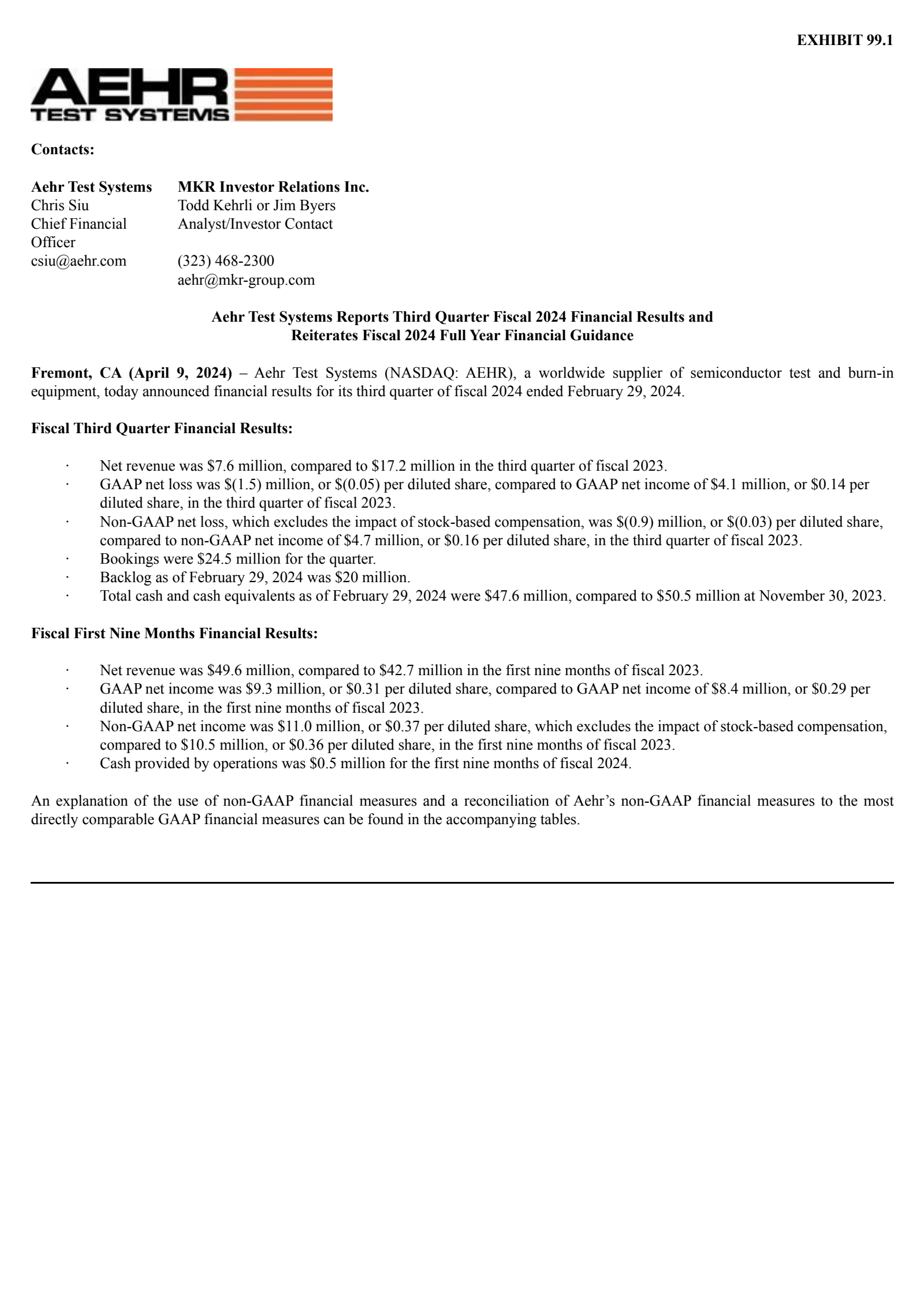 Aehr Test Systems' Q3 2024 Press Release