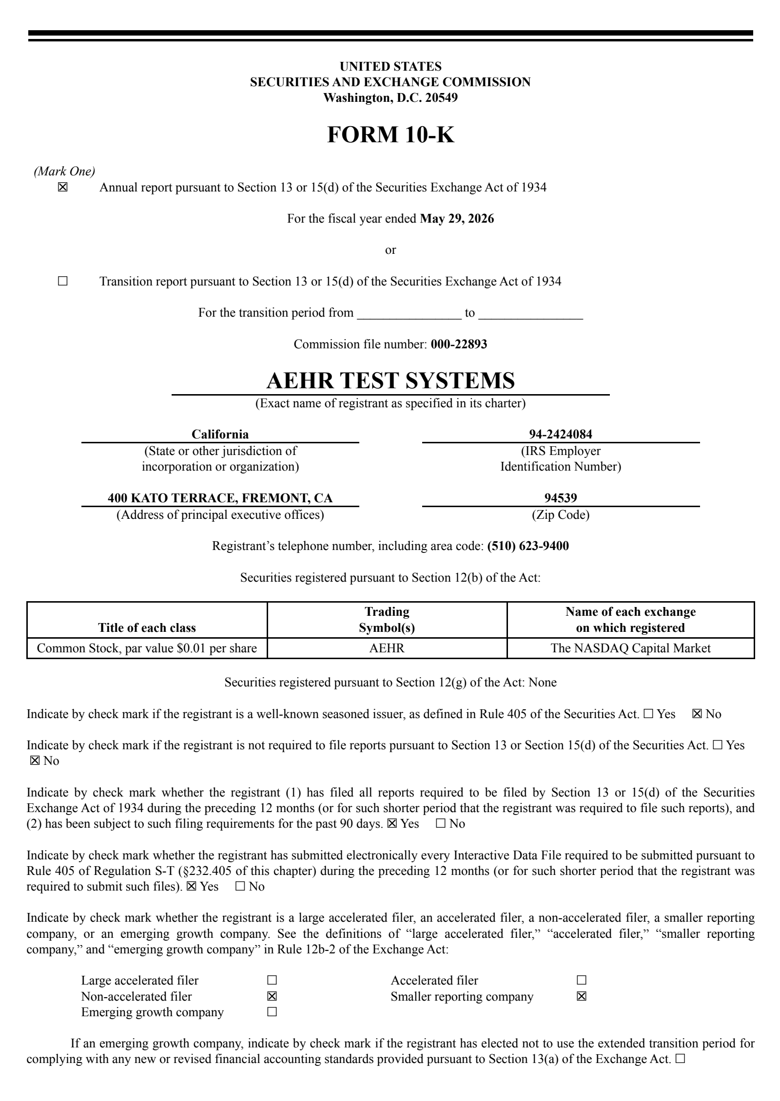 Aehr Test Systems' Q4 2026 Annual report