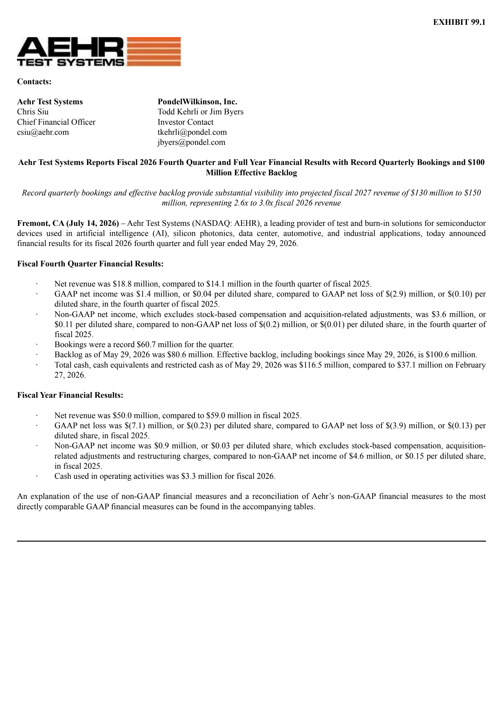 Aehr Test Systems' Q4 2026 Press Release