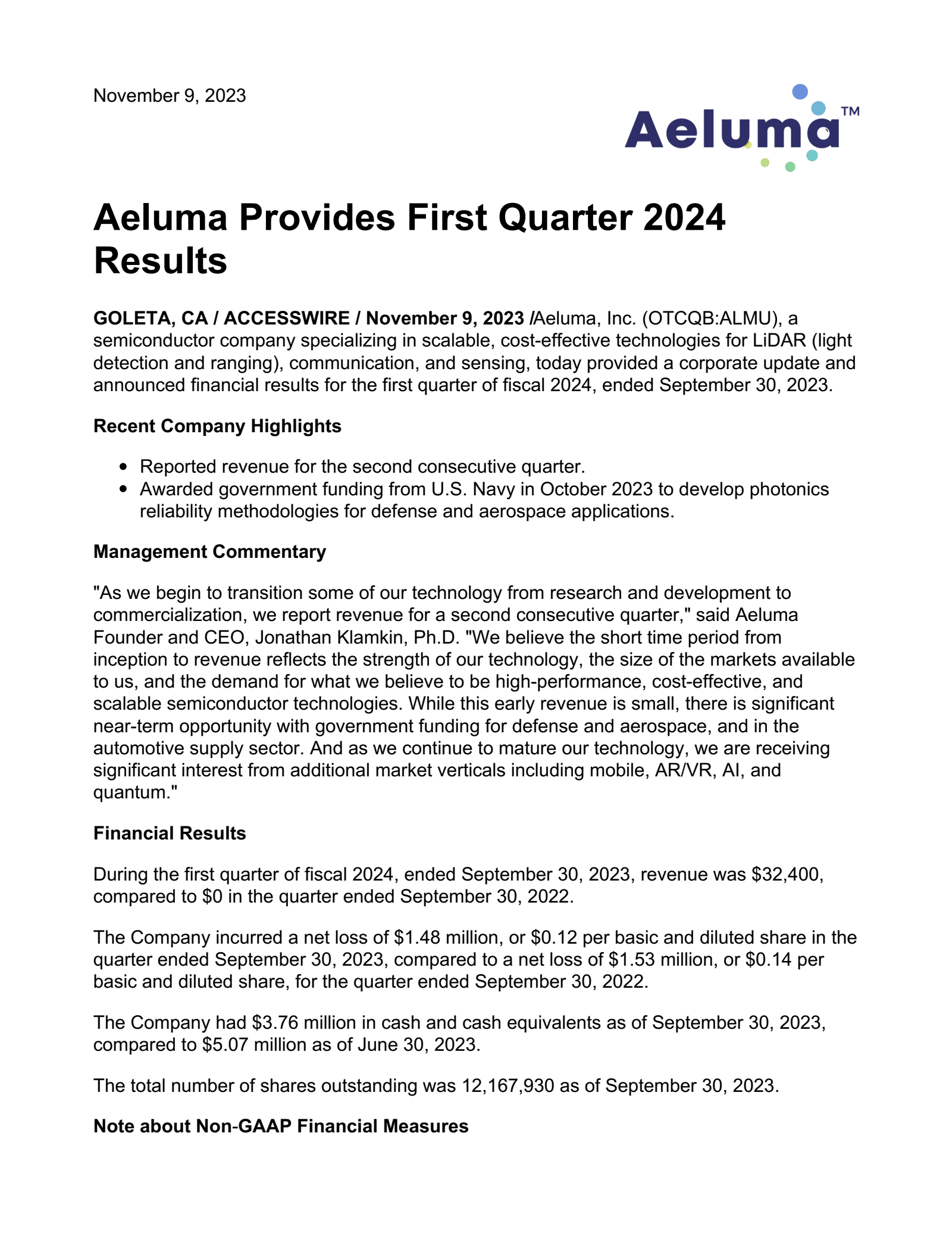 Aeluma's Q1 2024 Earnings Release