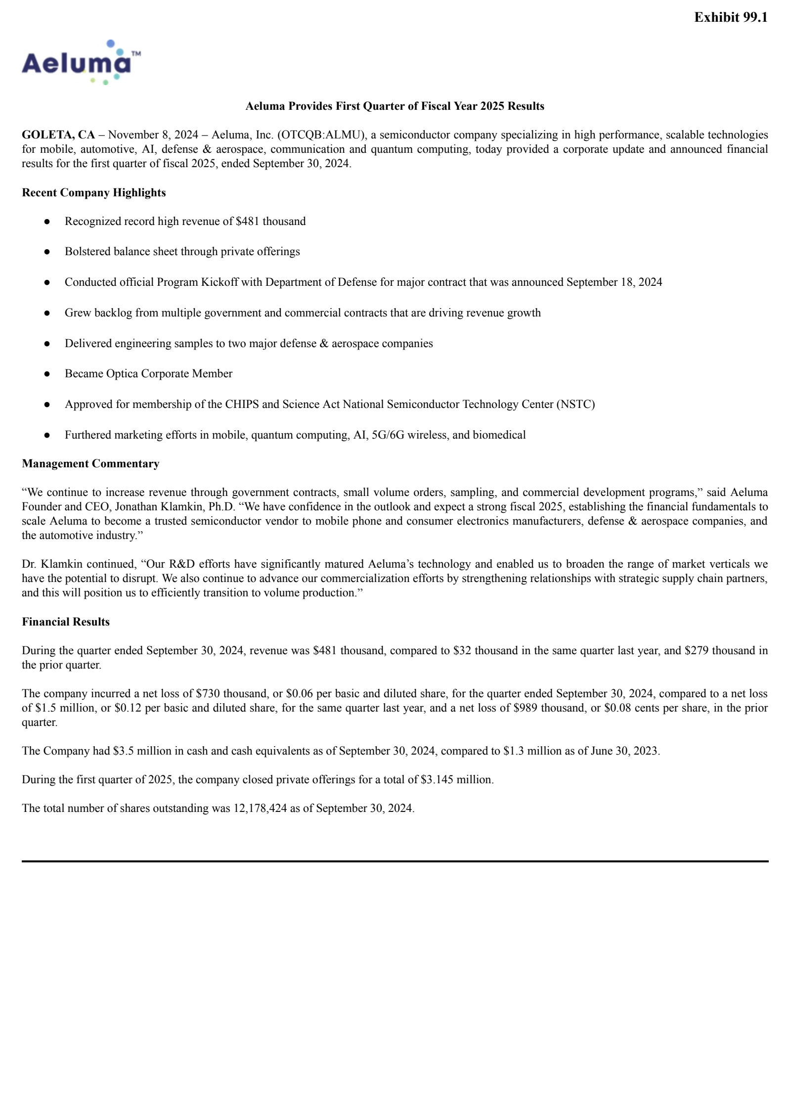 Aeluma's Q1 2025 Earnings Release