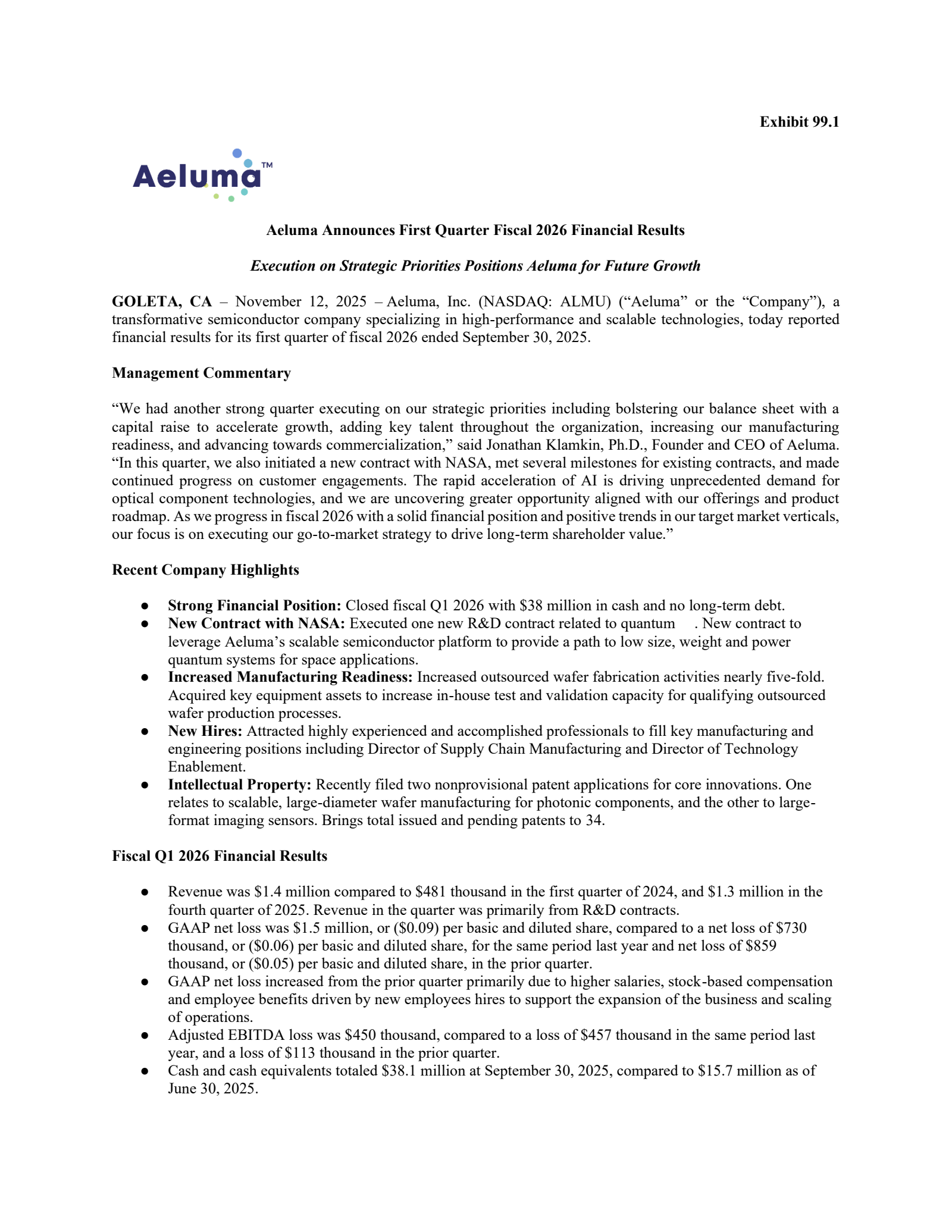Aeluma's Q1 2026 Earnings Release