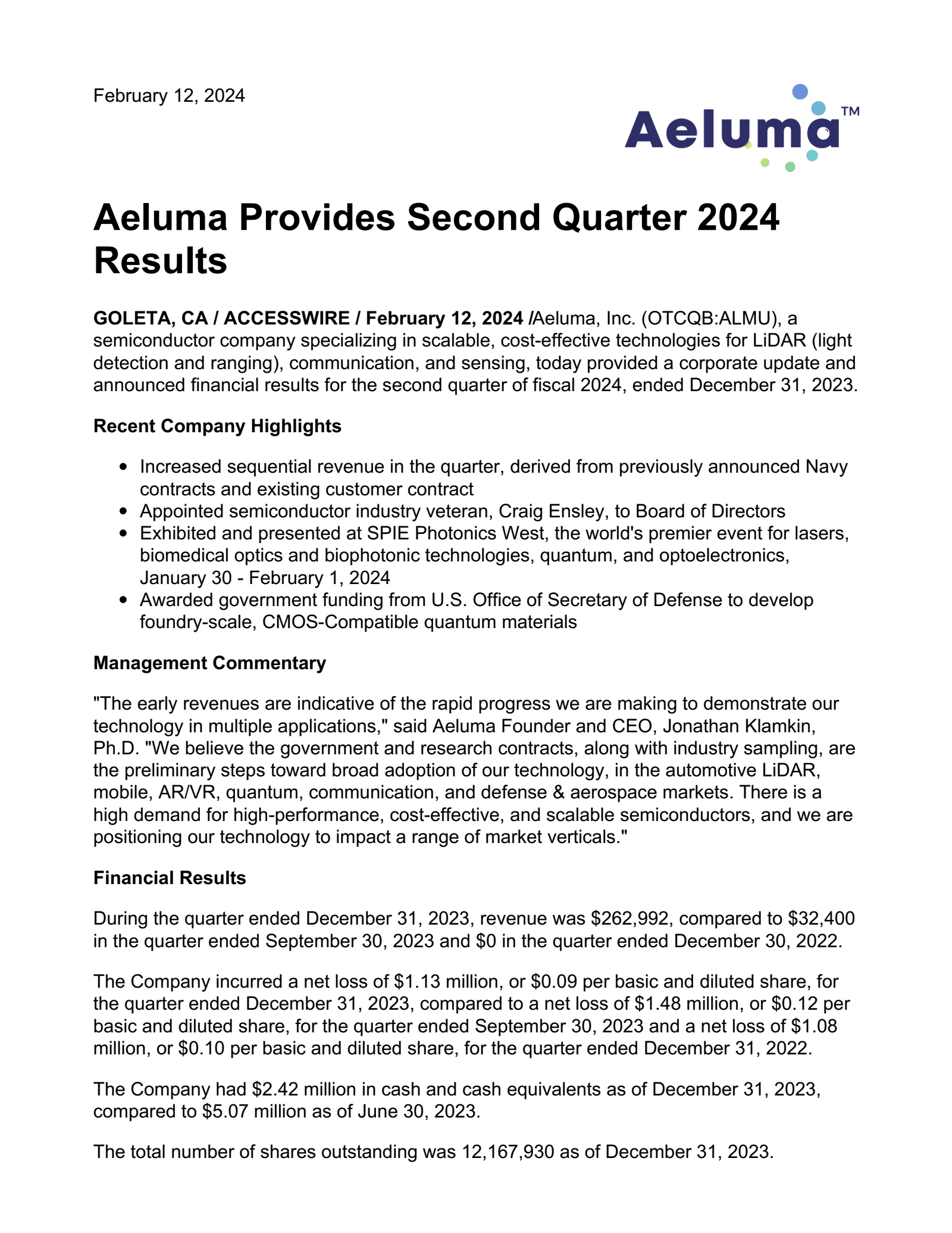 Aeluma's Q2 2024 Earnings Release