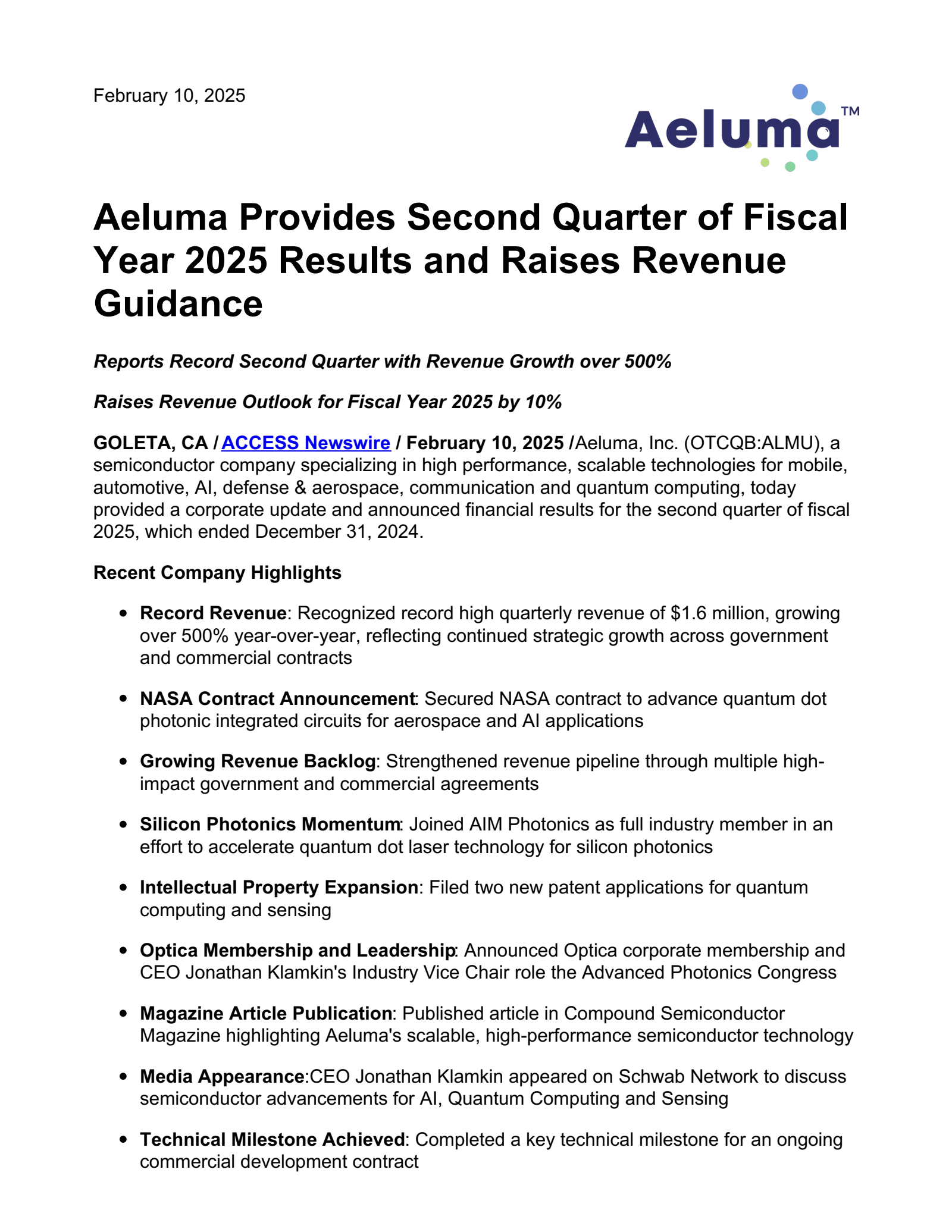 Aeluma's Q2 2025 Earnings Release